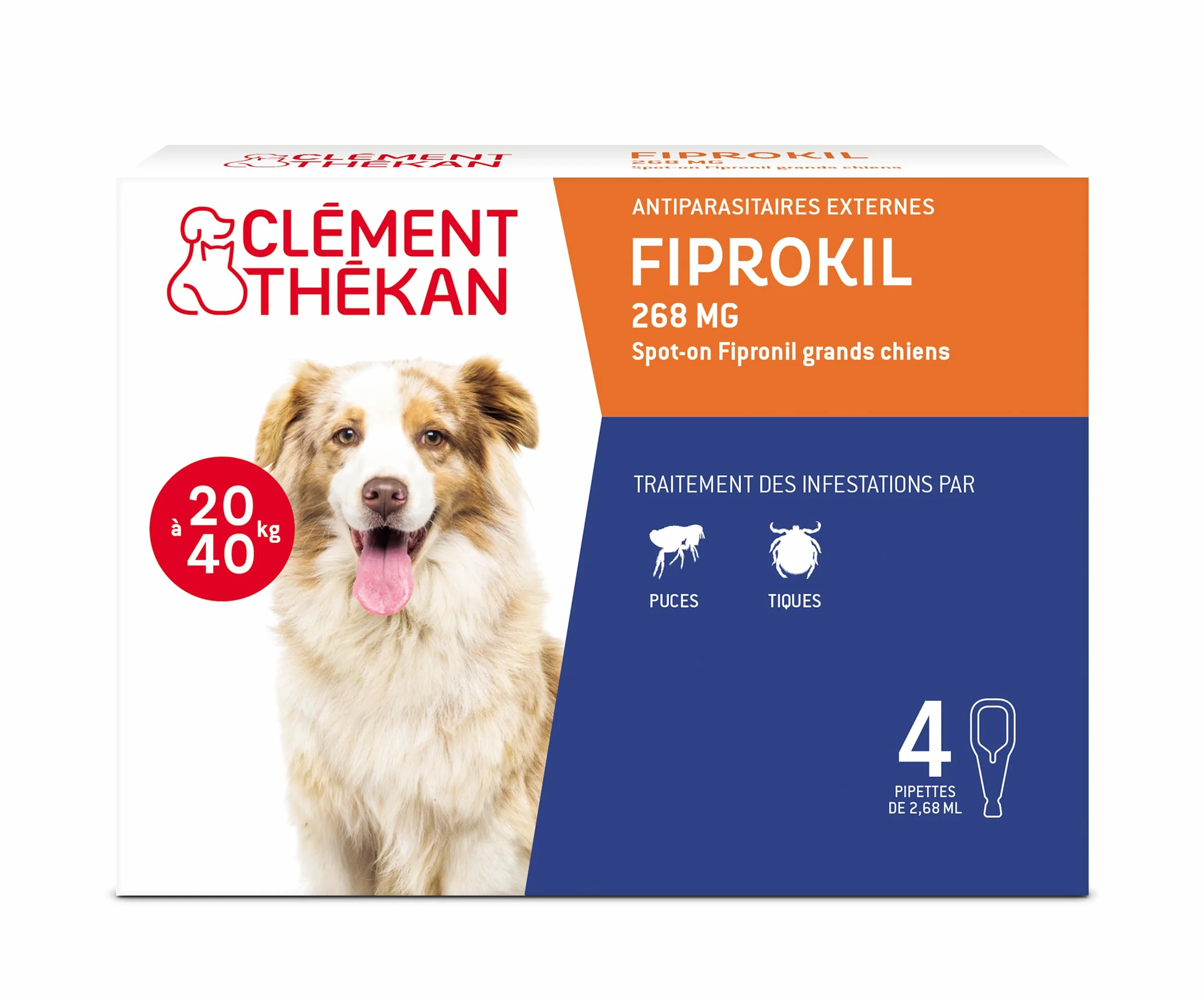 Clément Thékan - Anti-puces et anti-tiques pour grands chiens de 20 à 40 kg - 4 pipettes - Solution pour Spot-on Fiprokil 268 mg