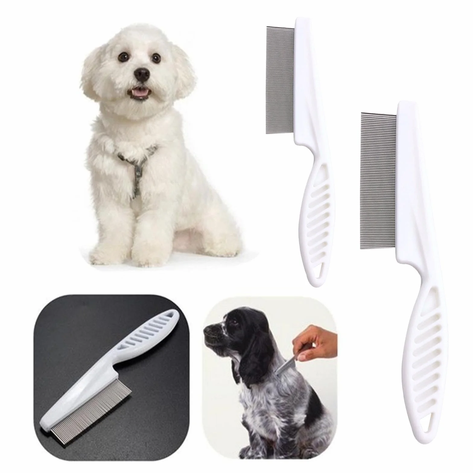 Pack de 2 peignes pour animaux en acier inoxydable, peigne chien et chat anti-larmes