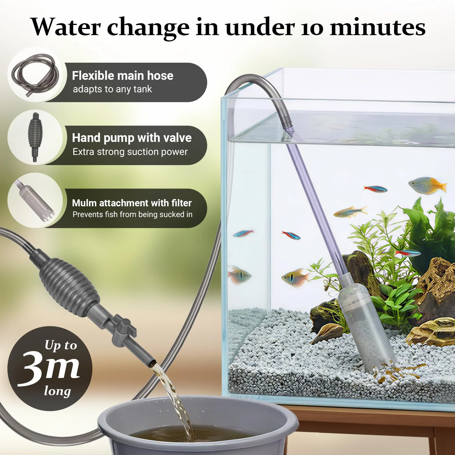 Siphon Aquarium 3 m Tuyau Nettoyeur de Gravier avec Tube Rigide 70 cm, Robinet Marche/Arrêt, Filtre, Buse Bec de Canard