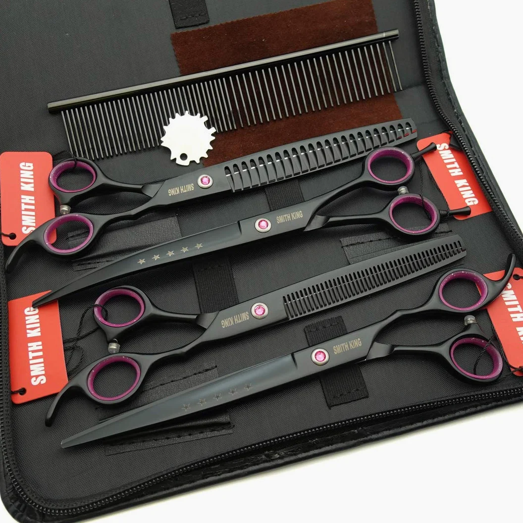 8,0 Pouces Ensemble de toilettage pour Chien Droits pour Chien et Ciseaux Amincissants et Ciseaux incurvés et chunker et Peigne Ensemble de 5 pièces