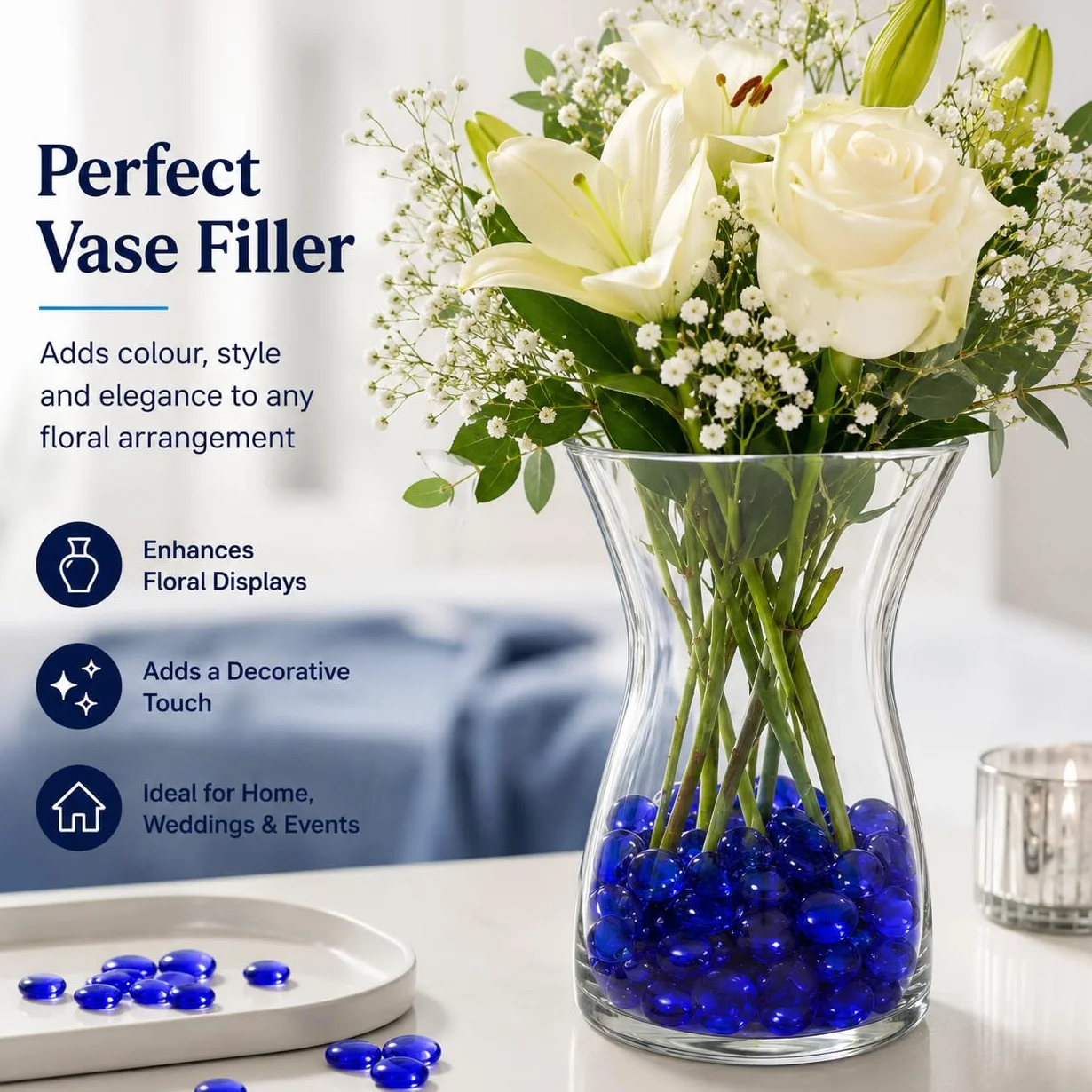 Galets en verre plat bleu 1LB ARSUK pour vase remplissage aquarium décoration