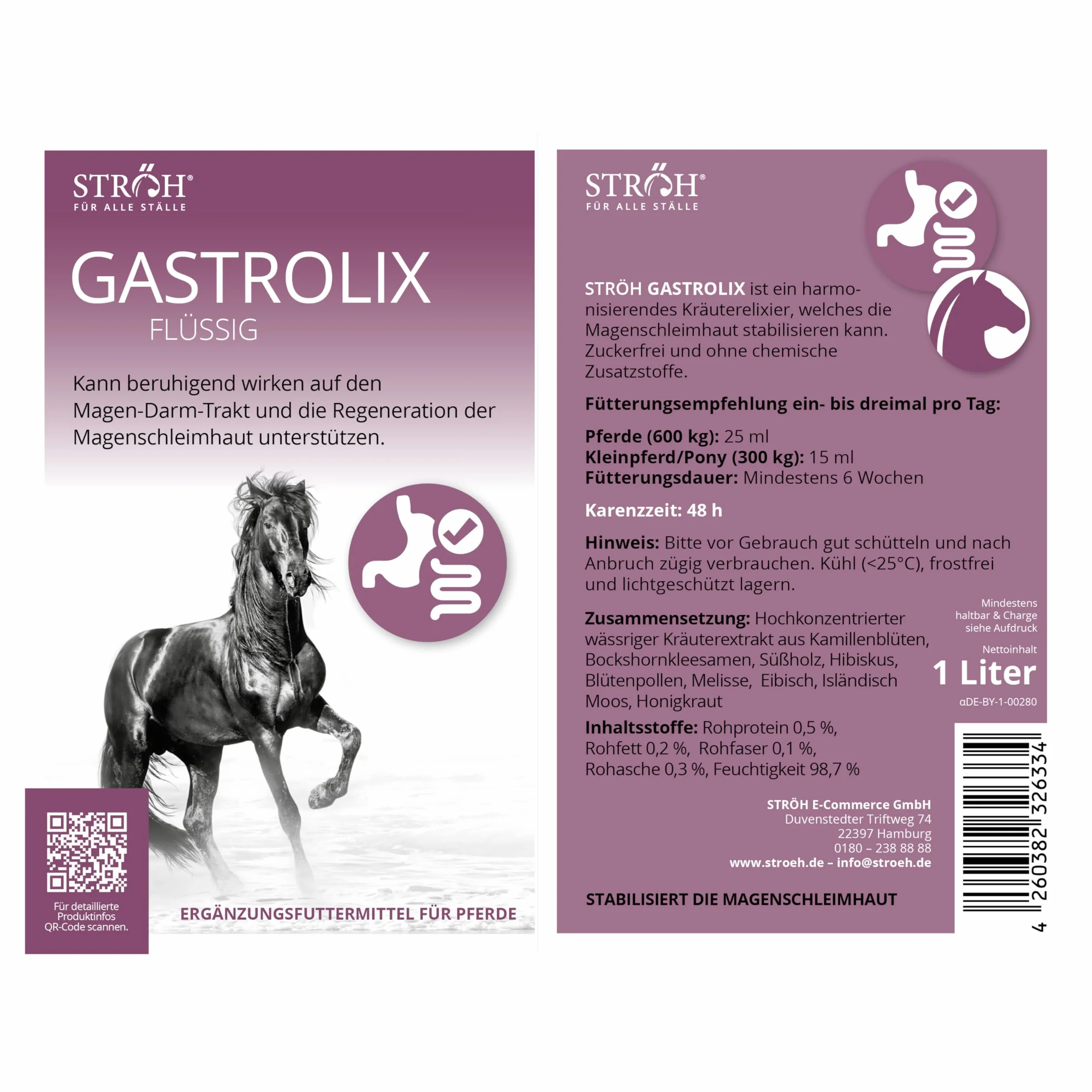 STRÖH Gastrolix (1 l) • Stabilisation du tractus gastro-intestinal pour chevaux • Herbes gastriques pour chevaux • Jus gastrique pour chevaux sans sucre • Protection naturelle de l'estomac pour les