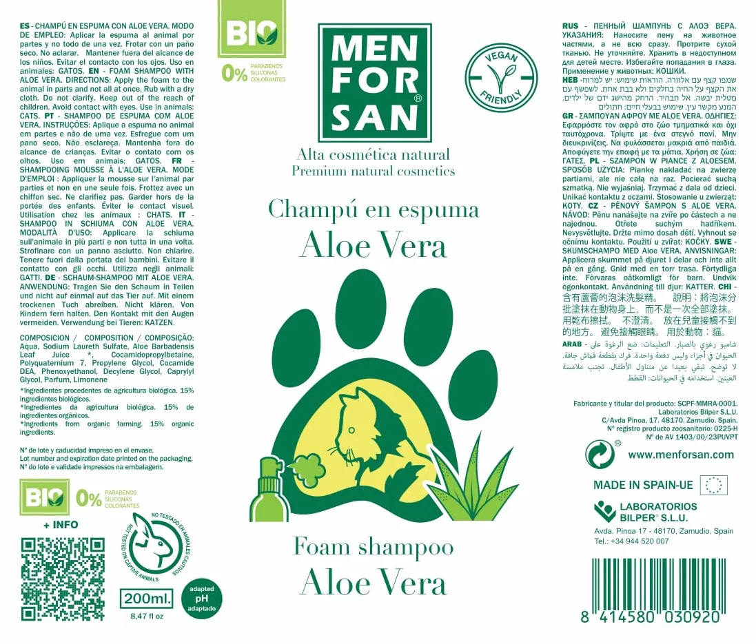 MENFORSAN Shampooing Mousse à l'Aloe Vera pour Chats 200ml, Nettoie sans Eau