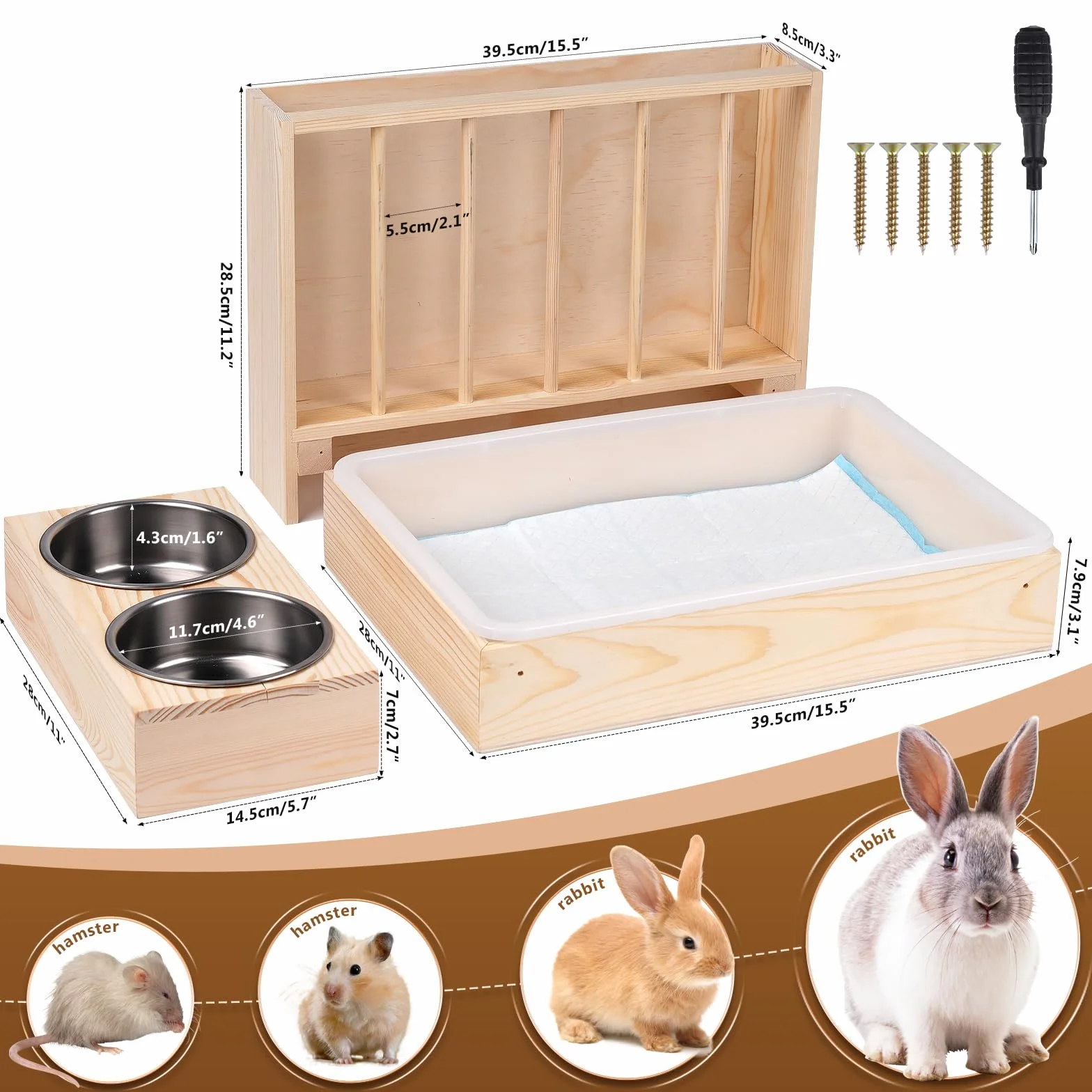 Mangeoire à foin 3 en 1 pour lapin avec bac à litière et bols en bois - pour petits animaux