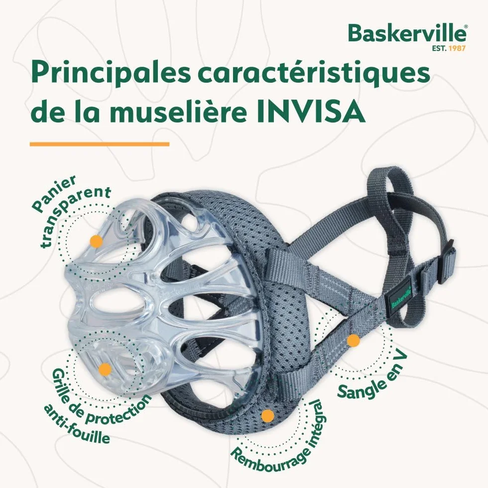 MUSELIÈRE BASKERVILLE INVISA, sûre, respectueuse du chien qui peut haleter et boire, réglable, matelassée, éducation des chiens moyens, anti-morsure, anti-fouille (Taille 4)