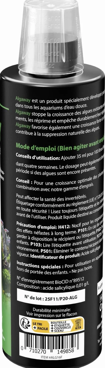 ARKA Algaway Éliminateur d’algues Aquarium 473 ML – sans cuivre Compatible Plantes – Eau Douce