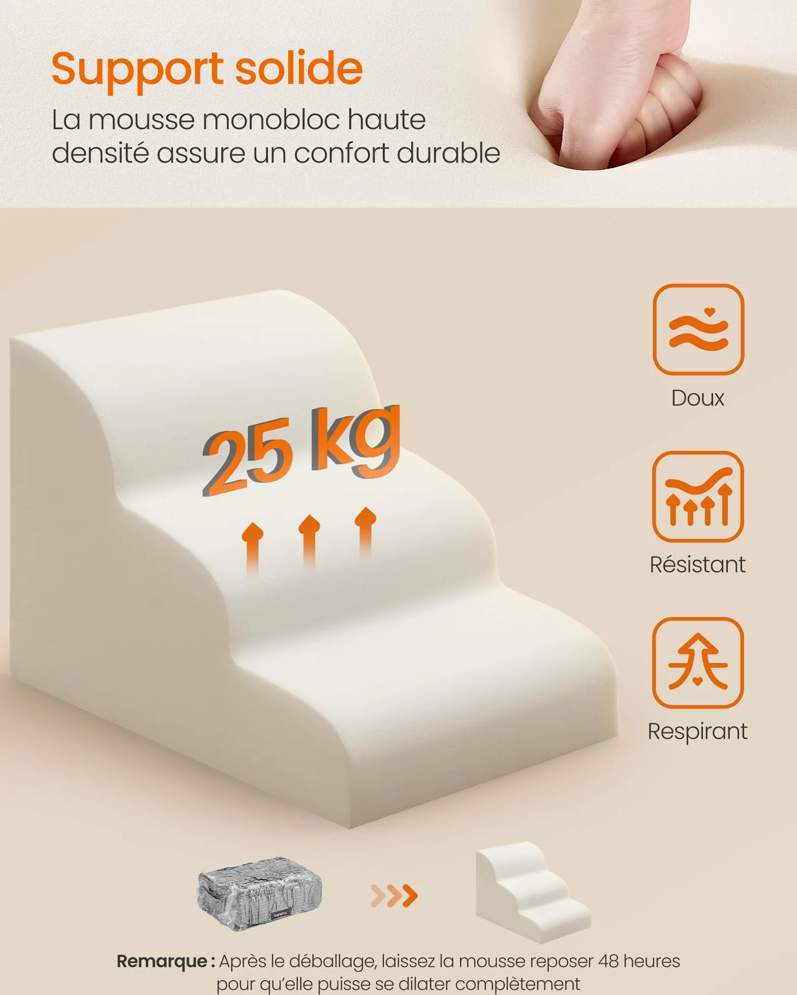 Feandrea Escalier pour Chien, à 3 Marches, Velours Gaufré, Marches pour Chien, Lit, Canapé, Imperméable, Design Antidérapant, Pente Douce, Housse Amovible Lavable, Poignée, Gris Tourterelle PPS013GD01 | Antidérapant avec faible pente, housse lavable pour