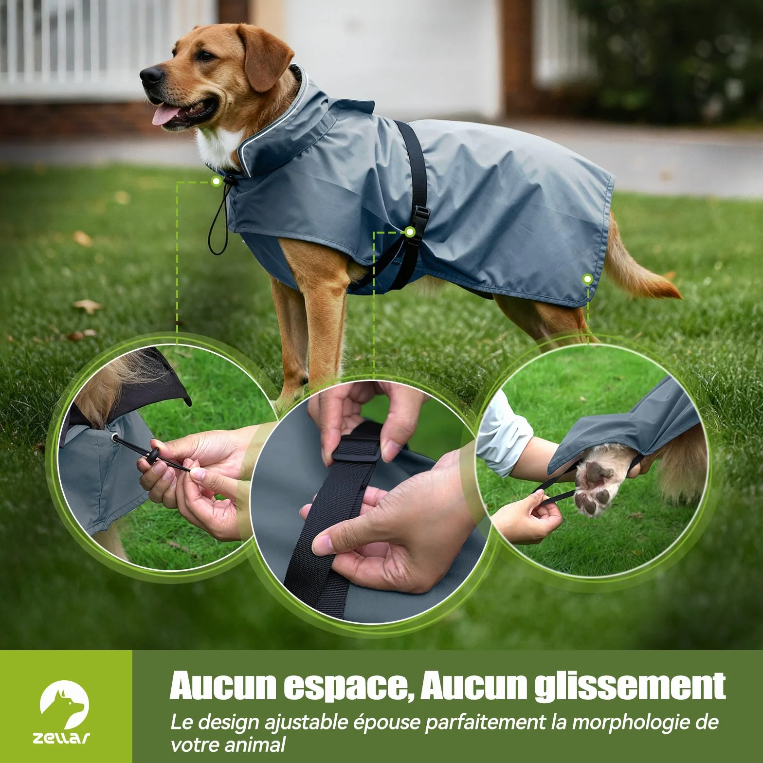 Manteau de Pluie Imperméable pour Chien Zellar, Adjustable et Léger avec Bande Réfléchissante & Passage pour la Laisse, Enfilage Facile, Manteau Chien Imperméable pour Chiens Moyens et Grands, M Gris