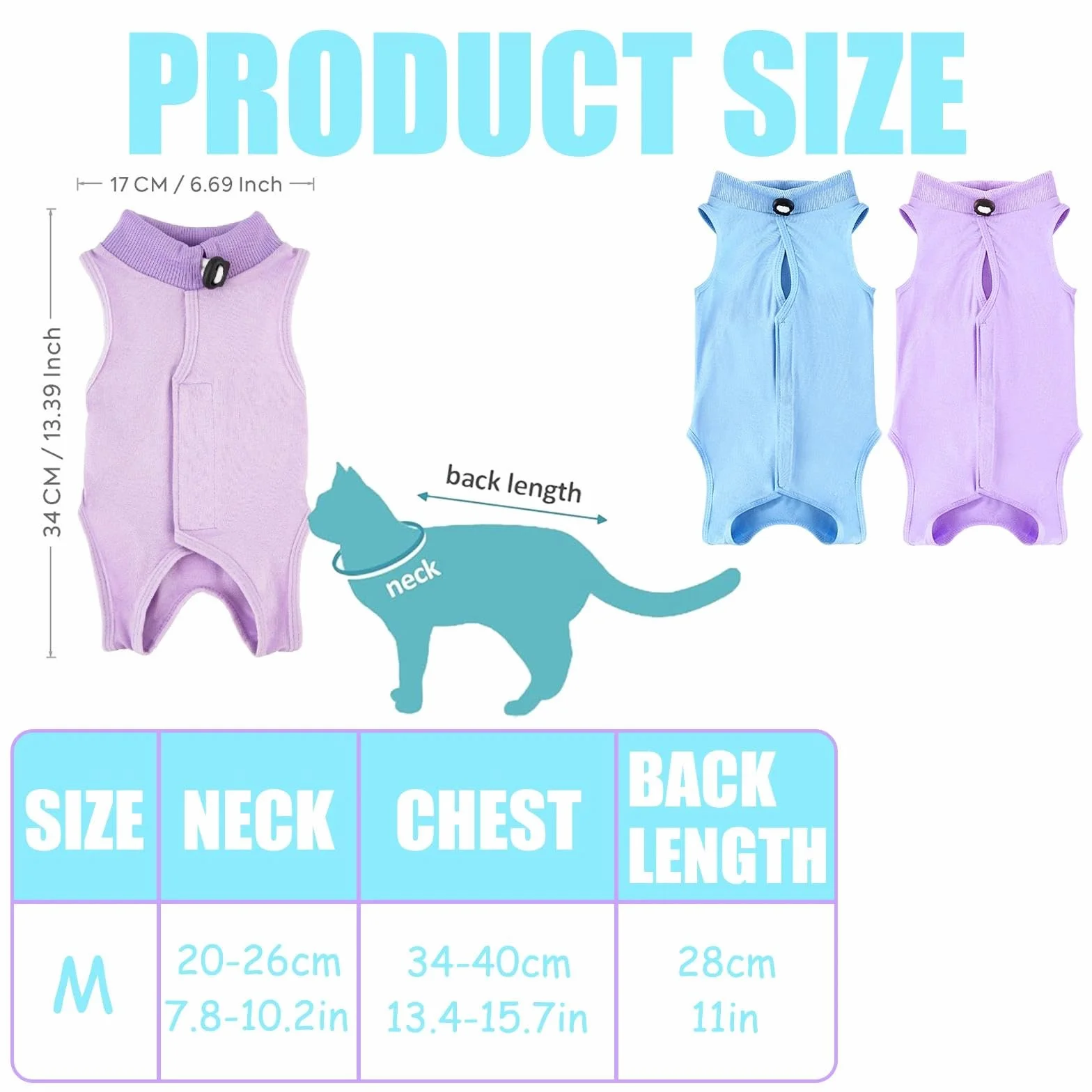 Gilet de Récupération pour Chat Post-Opératoire Anti-Léchage, Combinaison de Stérilisation Violet + Bleu (M)
