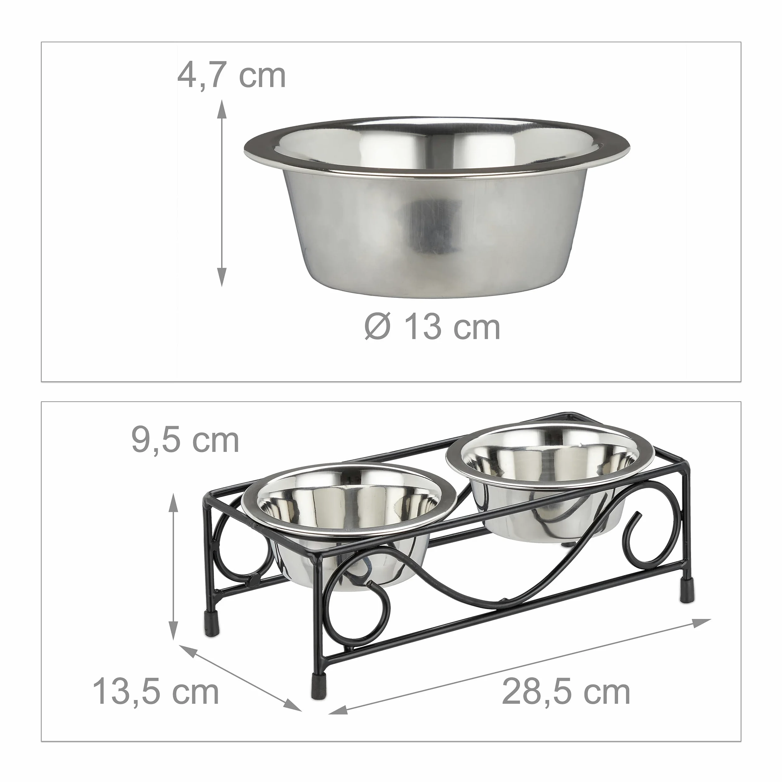 Relaxdays Porte-gamelles, pour Chiens et Chats, 2 écuelles, chacune ayant Un Volume de 300 ML, Noir/argenté