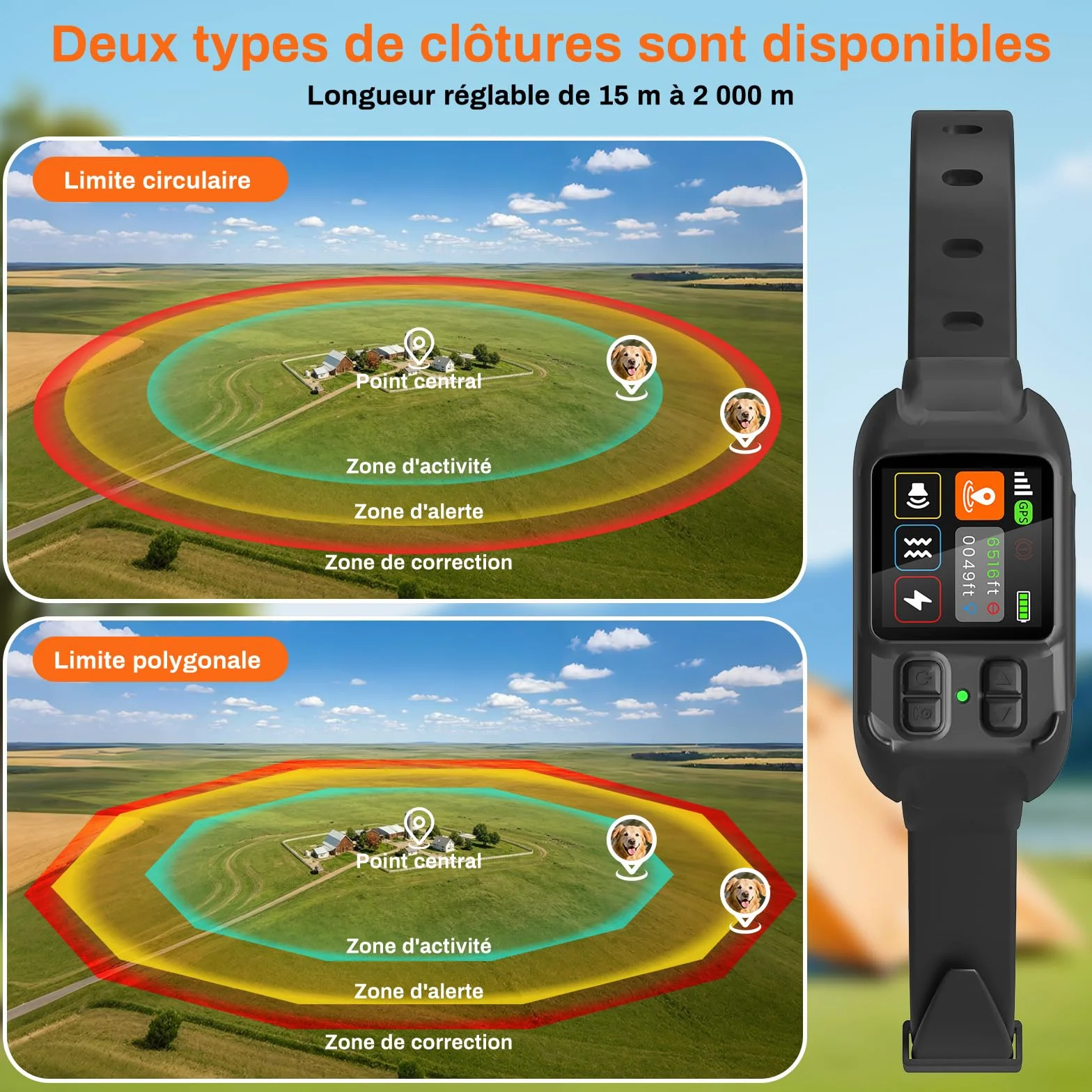 Clôture Électrique sans Fil pour Chien, Collier Anti-Fugue GPS Localisation Précise, 3 Modes Bip/Vibration/Choc, IPX7 Étanche