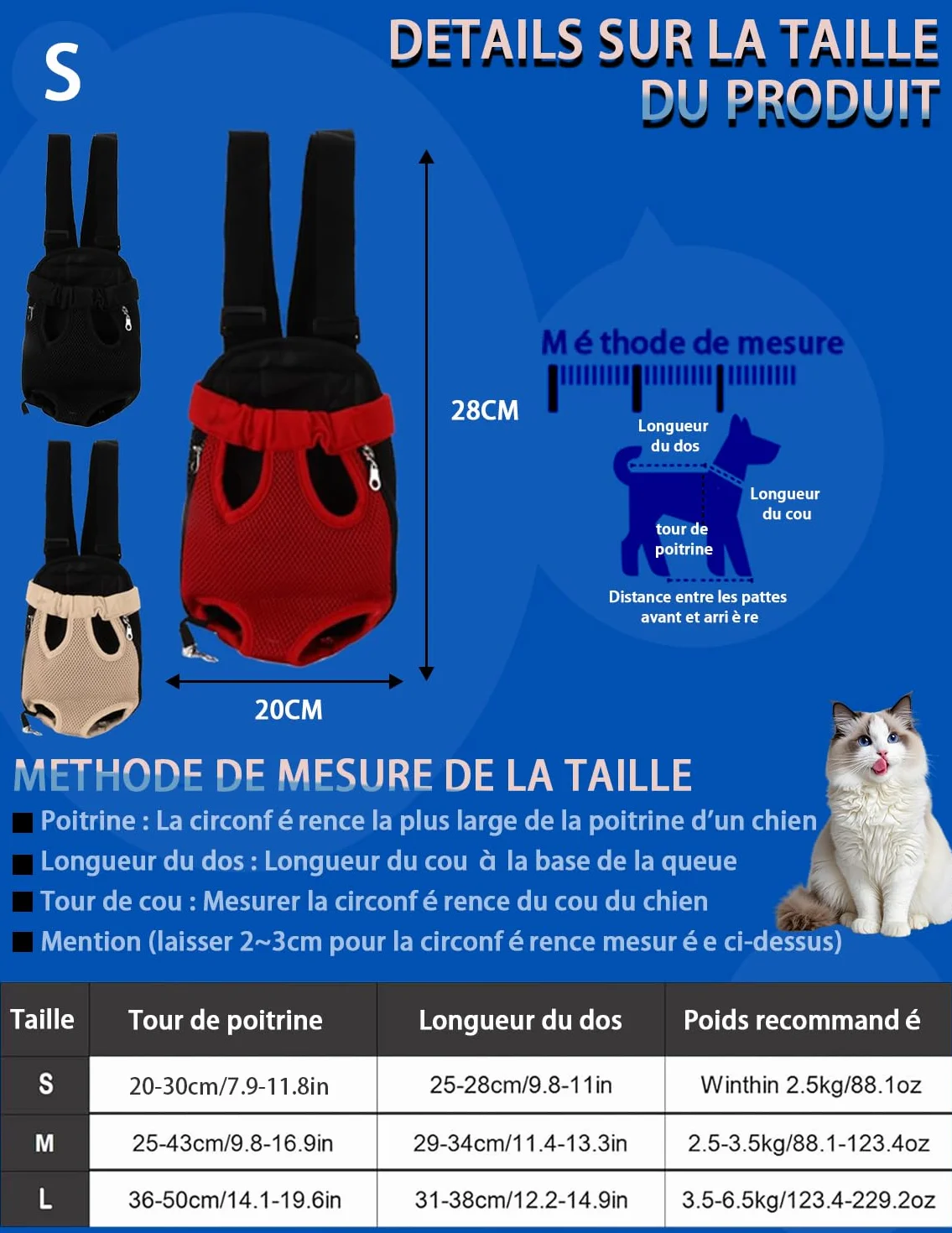 Porte Chat Ventral à Sangle Réglable, Sac à Dos Mains Libres, Harnais Maille Respirante pour Voyages Métro (S-Rouge)