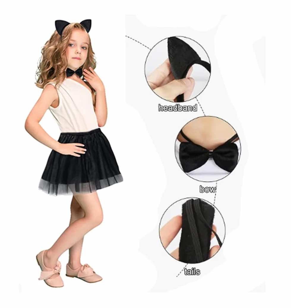 Costume d'Animal Chat Noir avec Bandeau Oreilles Queue Papillon, Accessoire de Fête