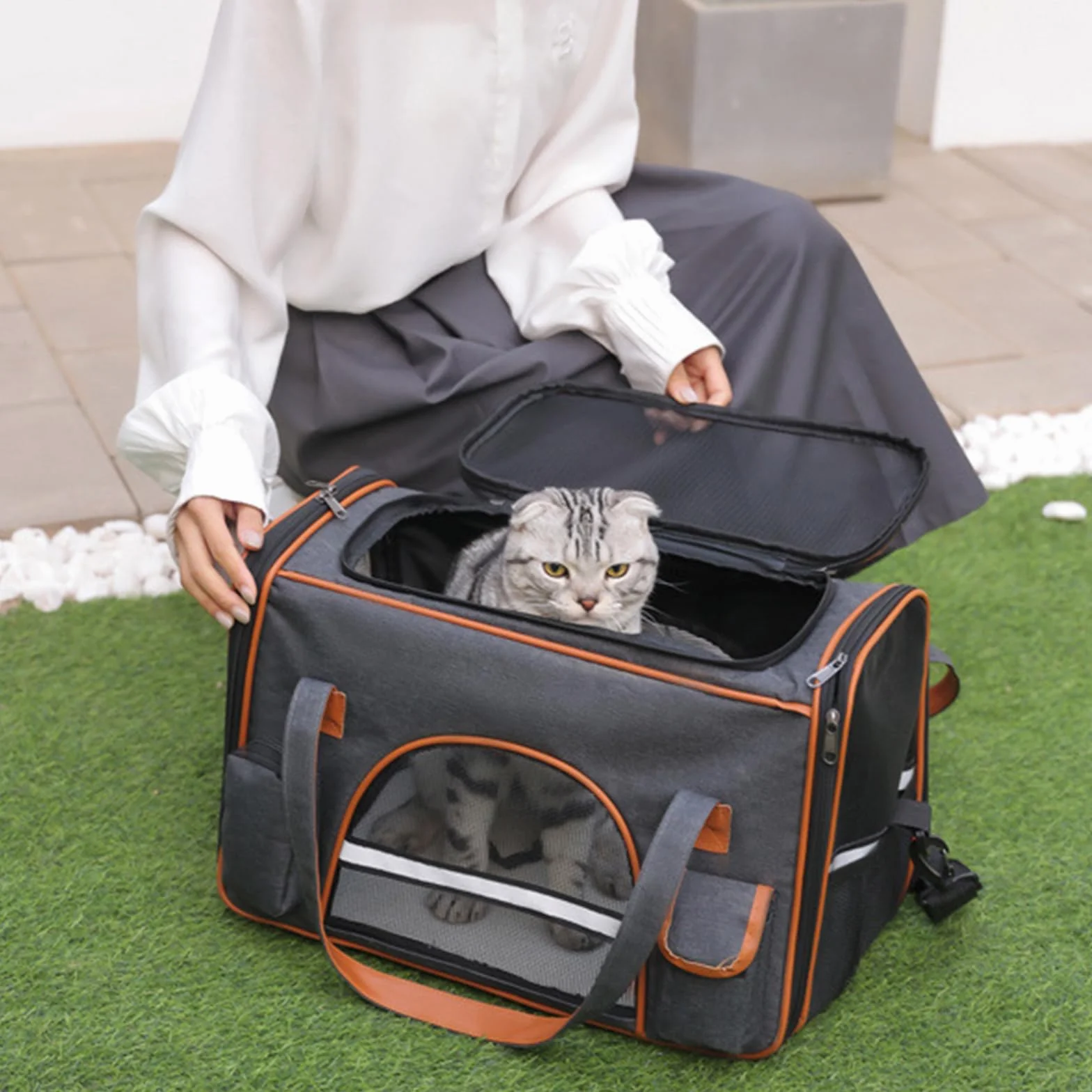 Sac de Transport pour Chat 45x28x25cm Sac à Dos Portable pour Chiens Voyage avec Tapis en Flanelle Gris