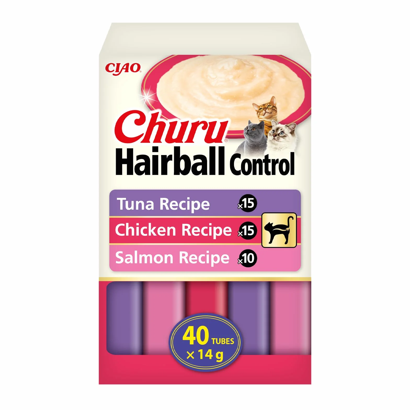 INABA Churu Hairball Control Friandises Crémeuses pour Chats Anti-Boules de Poils Thon Poulet Saumon 40 Sticks x 14g