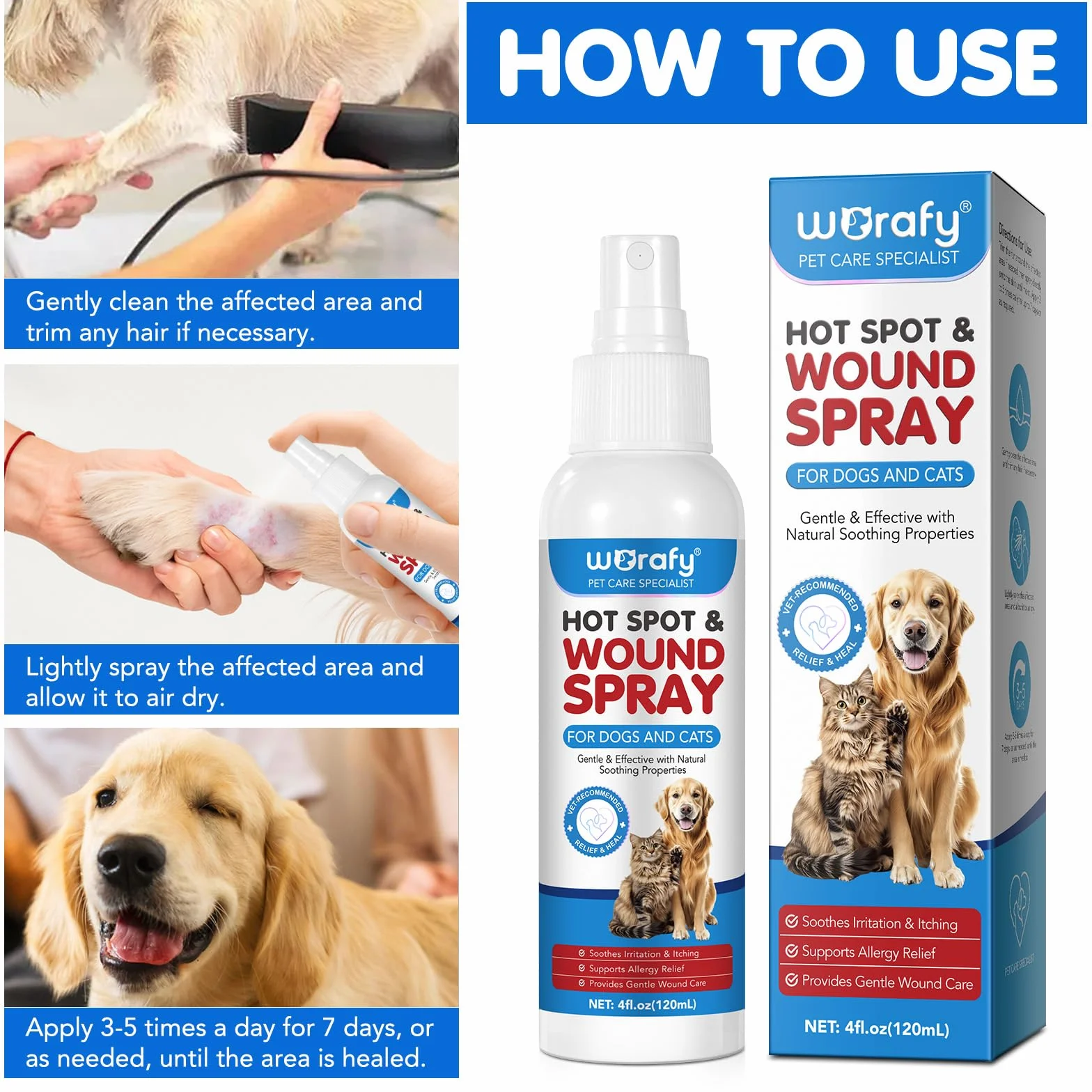 Spray Soin Plaies Chiens Chats 120 ml Anti Demangeaison Anti Allergie Infections Cutanées