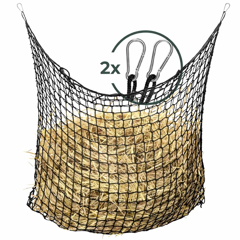 Filet à foin pour chevaux 90×120 cm maille étroite 4,5 cm mousqueton Slow Feeder