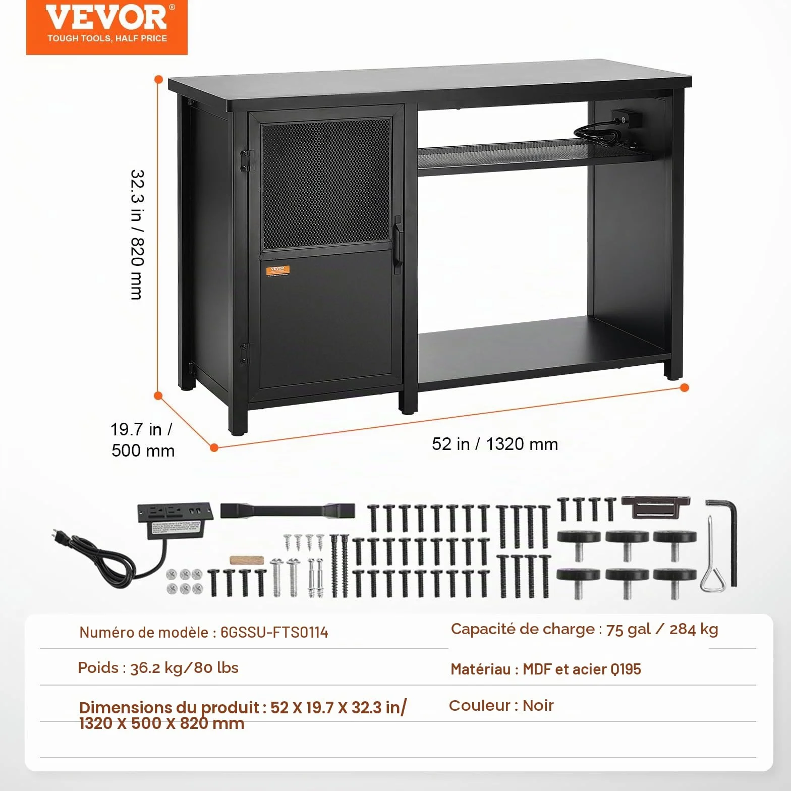 VEVOR Meuble pour Aquarium Charge 284 kg 132x50x82 cm Acier MDF avec Armoire Rangement Prise Électrique