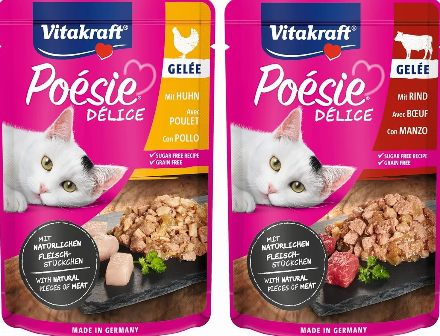 Vitakraft Poésie Délice, Country selection, nourriture humide pour chats, en gelée, avec du poulet, du bœuf (1 paquet de 6x85g)