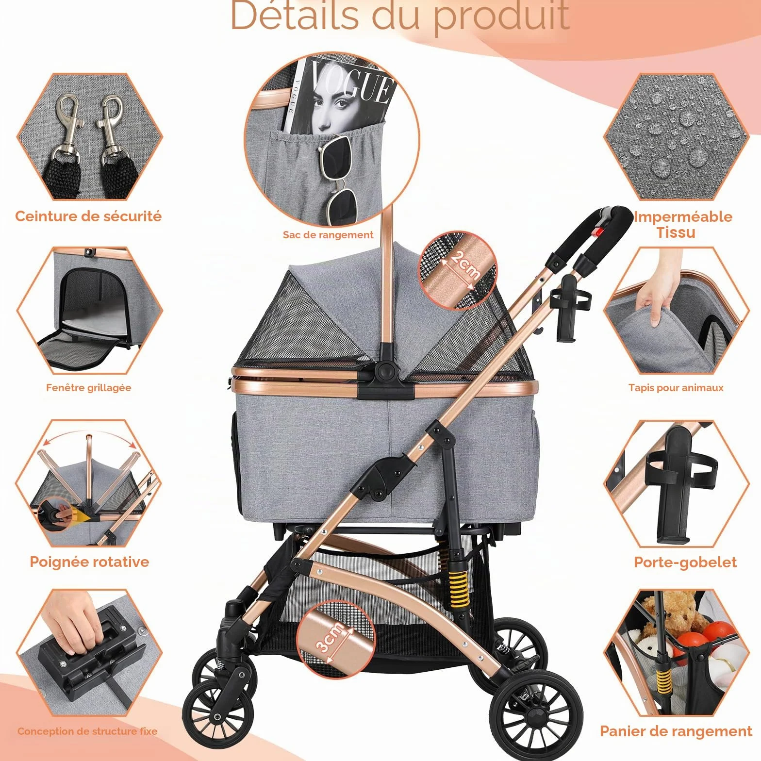 MAMIZO Poussette Chien 3-en-1 Pliable, Panier de Rangement, Fenêtre en Filet, pour Petits Chiens et Chats, jusqu'à 20 kg, Roues 360° Résistantes, Gris Foncé
