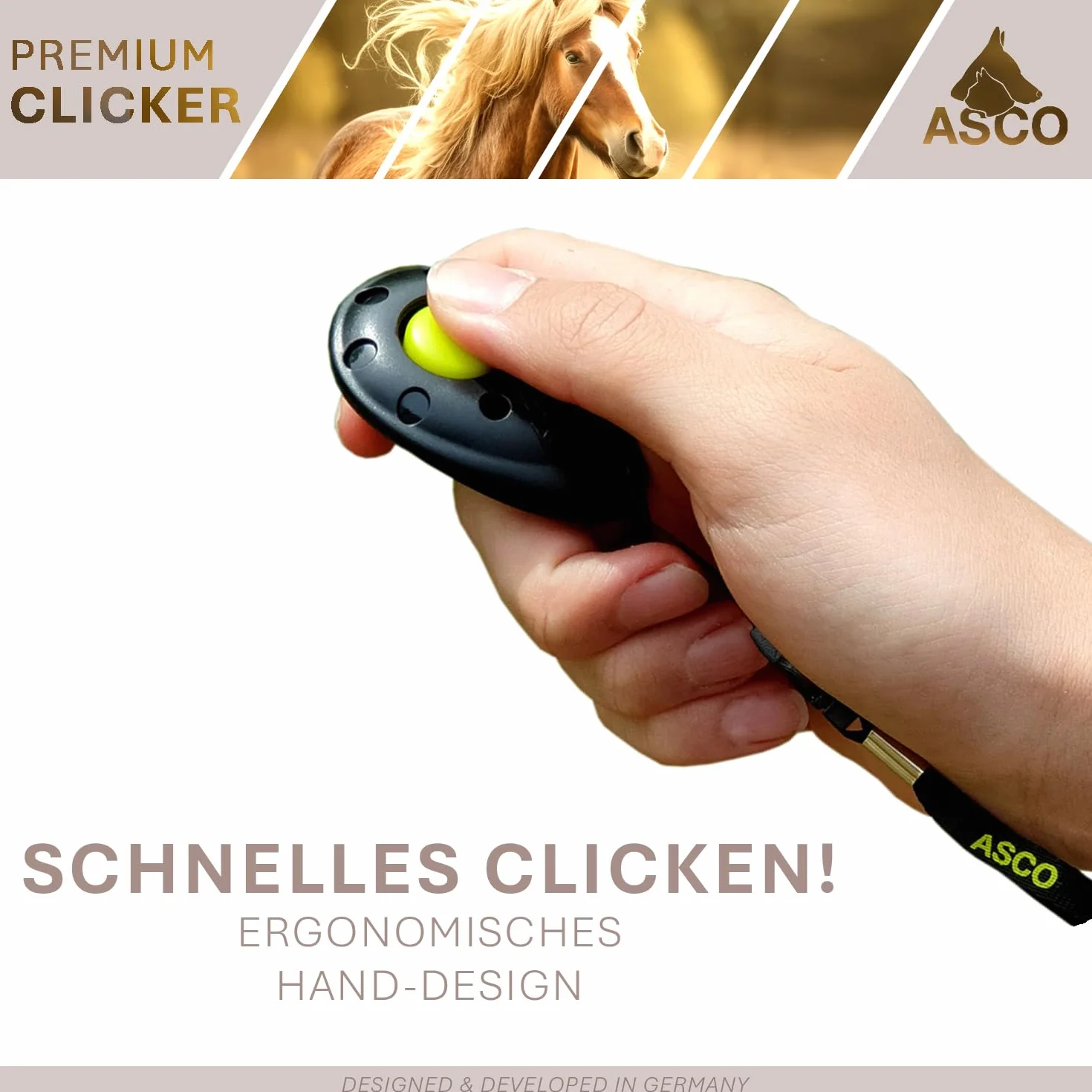 ASCO Finger Clicker, clicker Haut de Gamme pour Le Dressage au clicker, Chiens, Chats, Chevaux, clicker Professionnel, clicker pour Le Dressage des Chiens, Noir AC01F