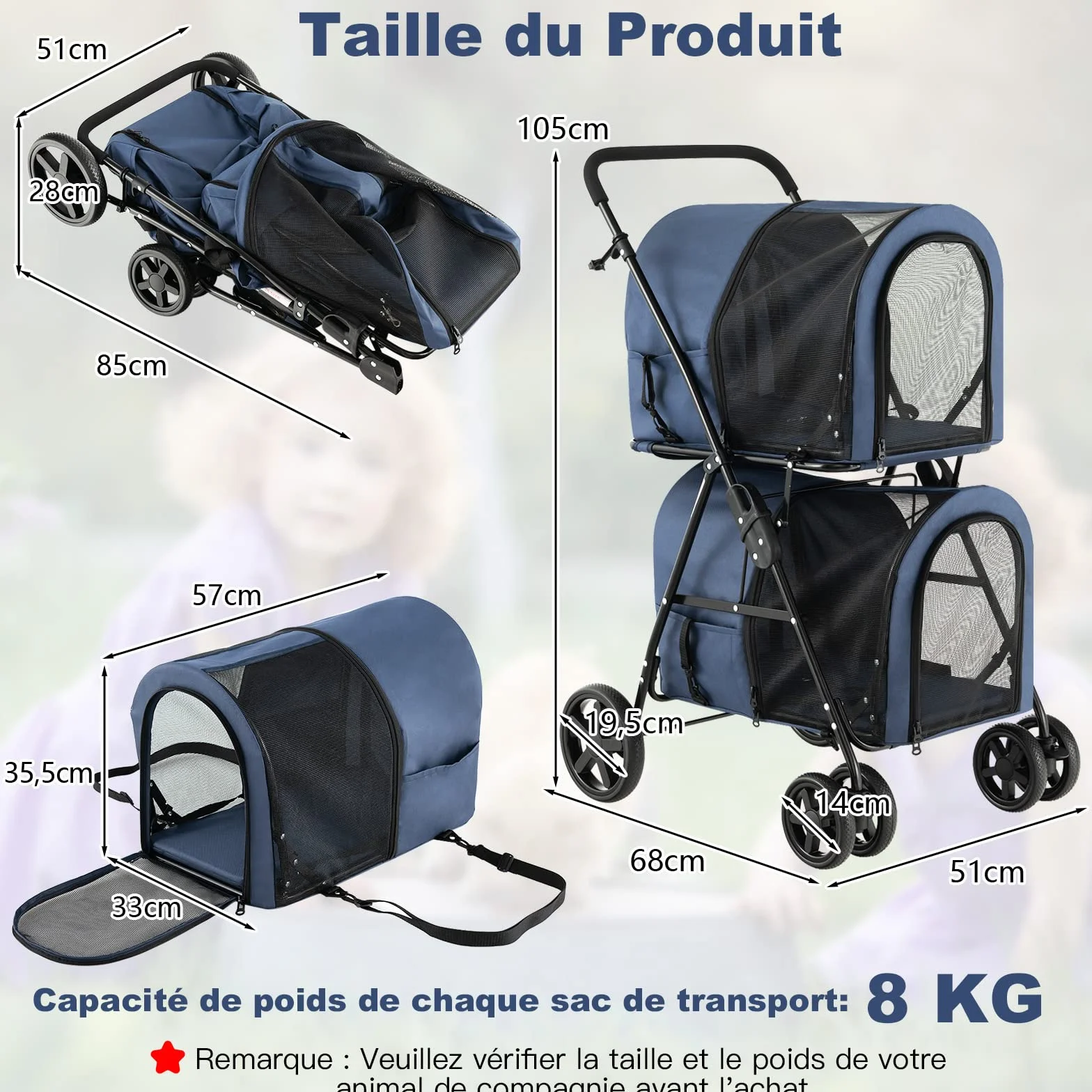 GYMAX Poussette Chien 15 KG Pliable 81×45×101 CM Noir/Beige/Bleu
