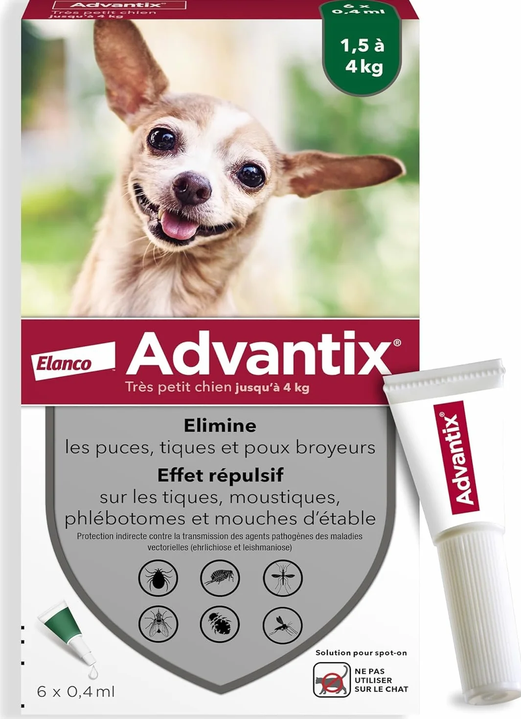 Advantix Très Petit Chien 1,5-4 kg Pipettes 6 parasites Protection 4 semaines 6 x 0,4 ml