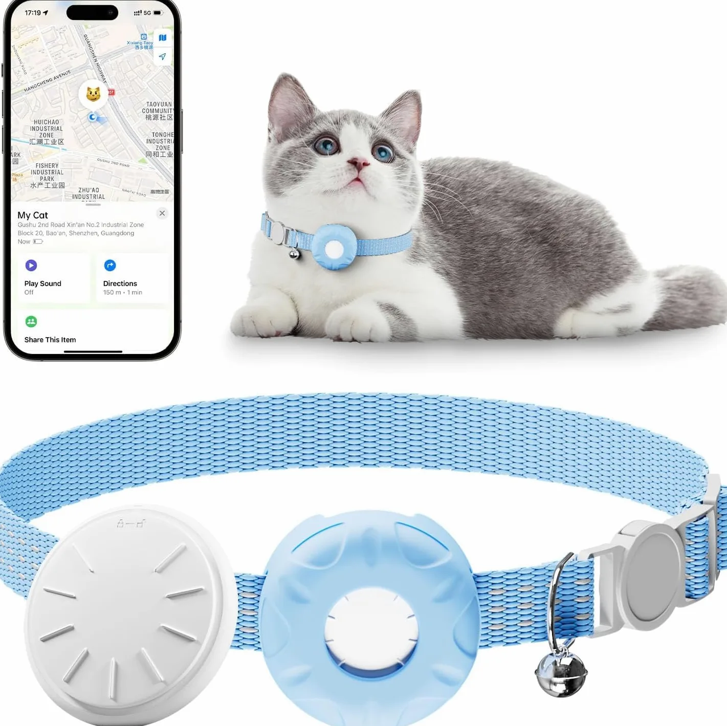 Collier de suivi pour chat avec étiquette de localisation et support de suivi, pas de frais mensuels, compatible avec Apple Find My (iOS uniquement), bande réfléchissante avec clochette (bleu)