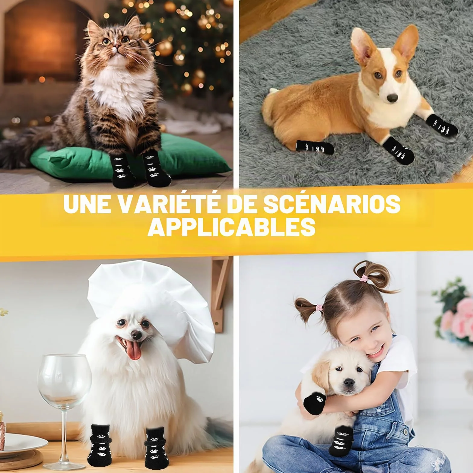AUAUY Chaussettes Anti-Dérapantes Chien Chat Protège Pattes Sols Intérieurs Bandes Fixation Réglables Petits Moyens Chiens Chats S