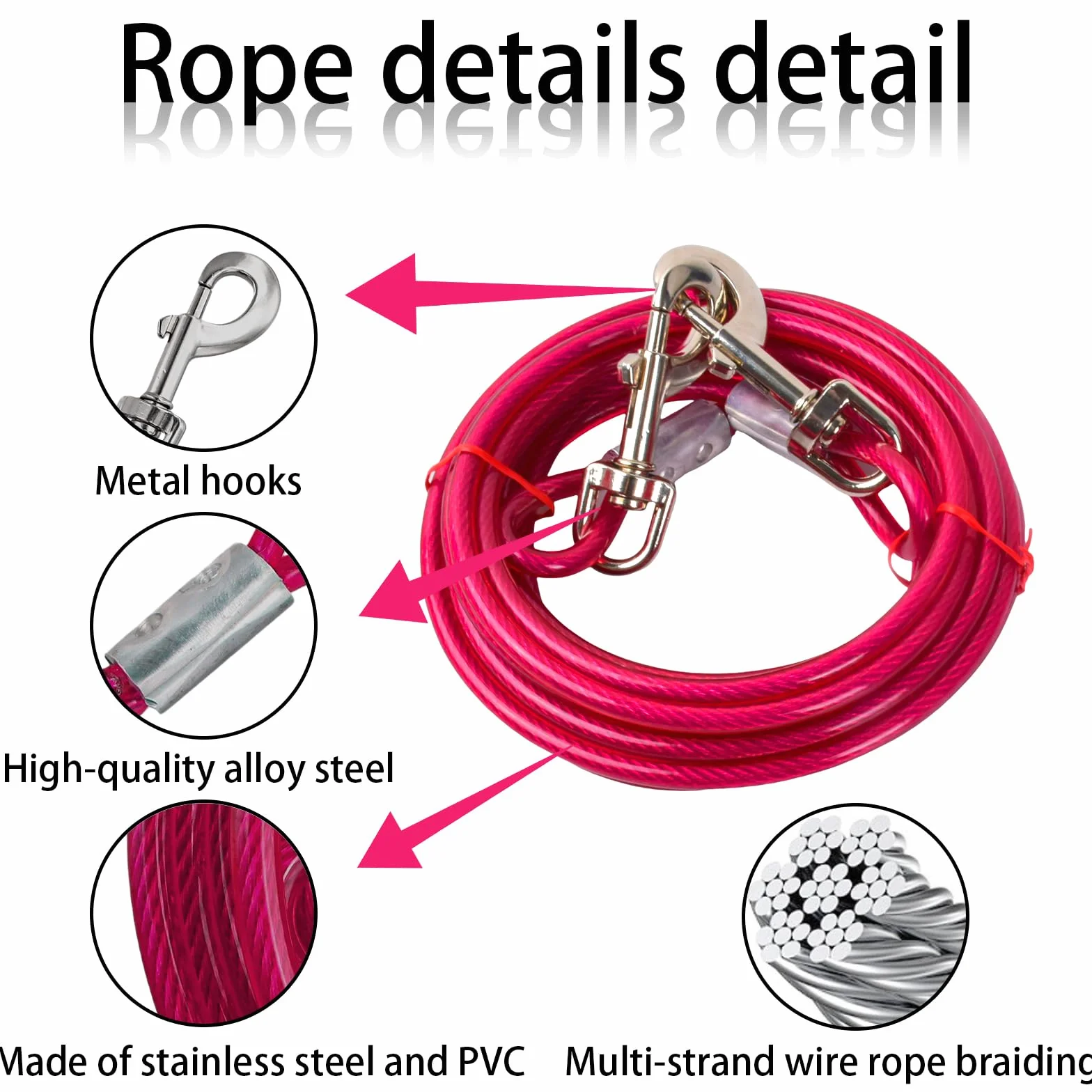 3 m Laisse pour Chien avec 42 cm Ancrage au Sol, 6 mm Câble d'attache Chiens Petite Medium Grande avec Crochet Pivotant, Jusqu'à 250 kg, PVC Coated, Anti-Morsure, Chaîne Chien Extérieur (3m Rose)