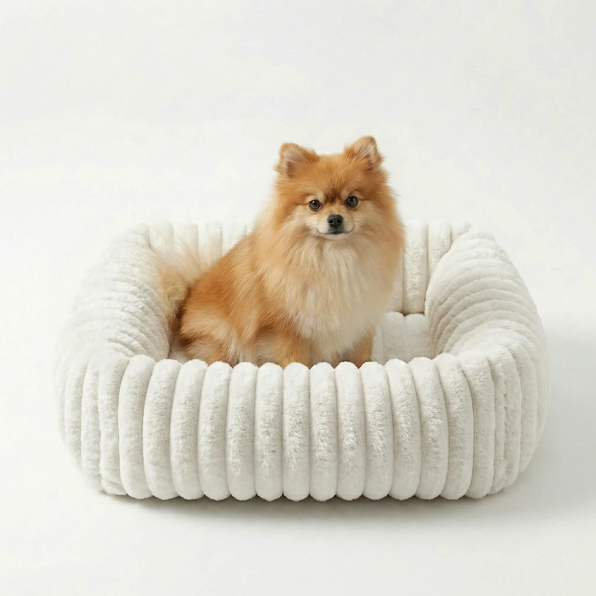 Panier pour Chien 63x53x18cm, Fausse Fourrure Lapin, Blanc | Pour petits et moyens chiens, motif ondulé, douce au toucher, housse déhoussable et lavable, confortable