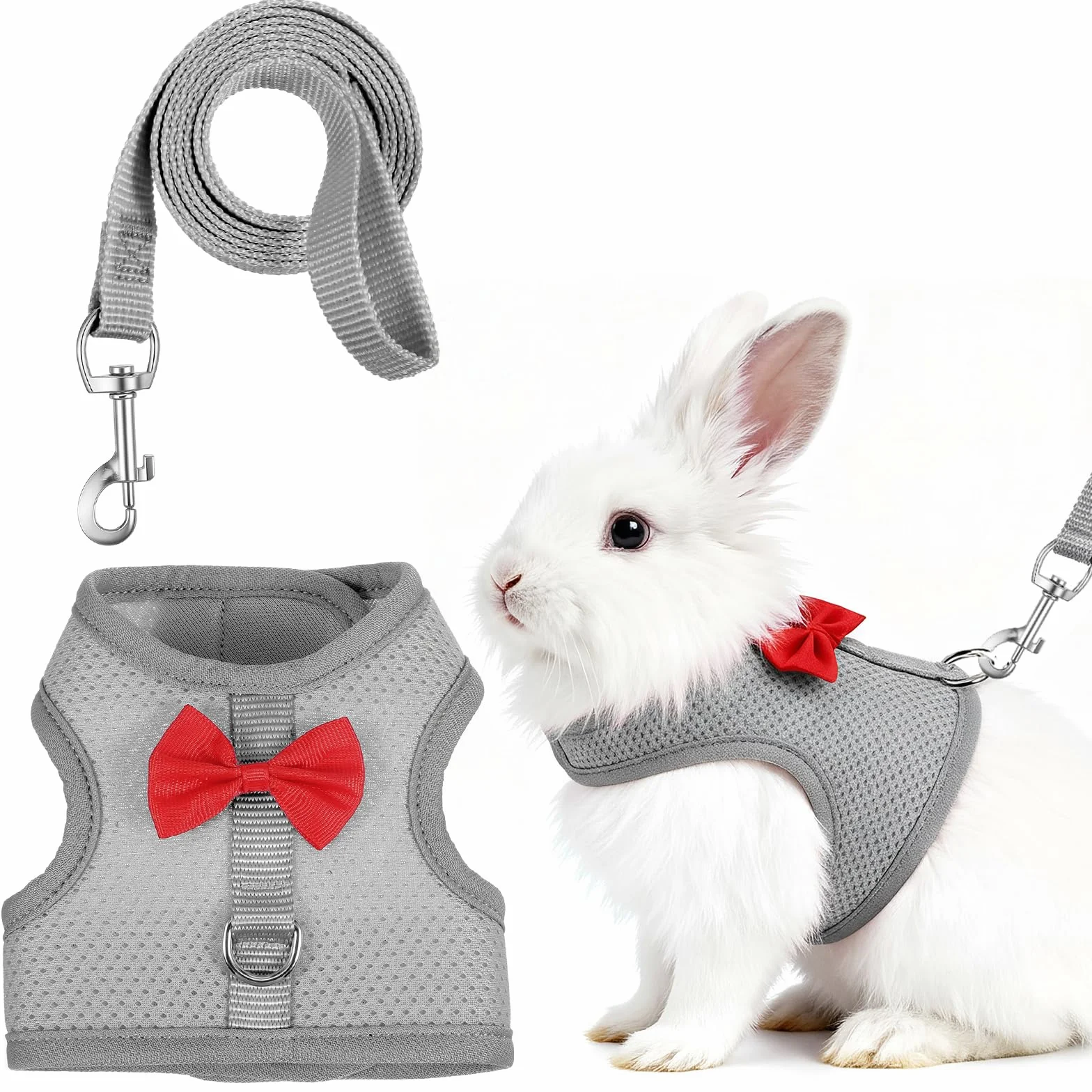 Harnais souple réglable avec laisse élastique pour lapin furet chaton chiot petits animaux gris