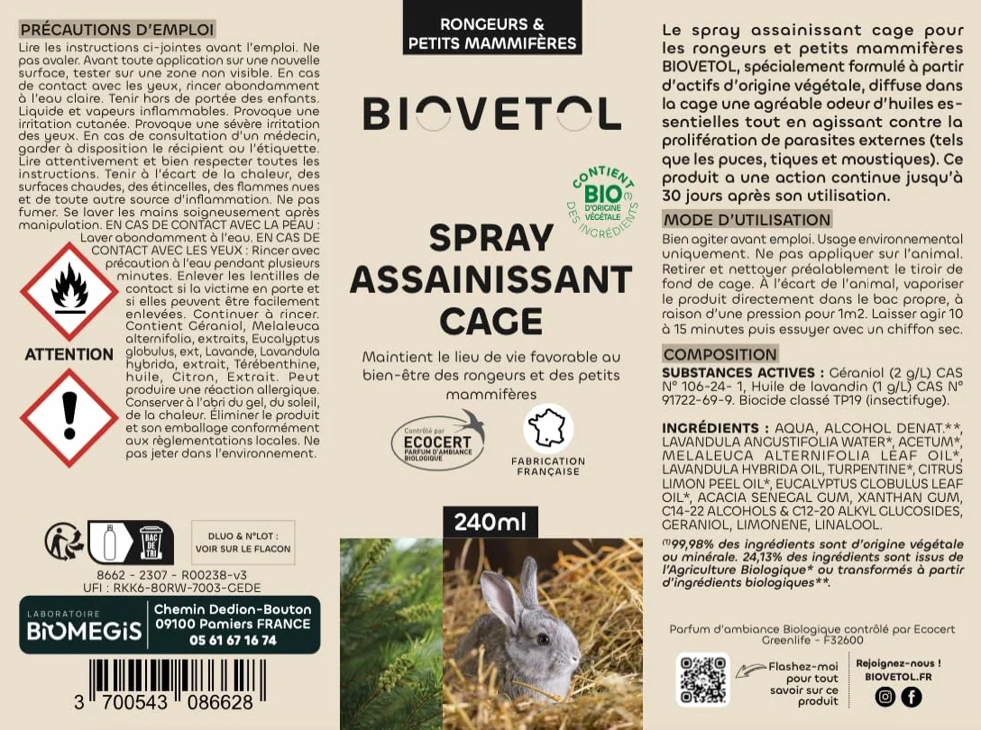 Biovetol Spray Assainissant Cage Antiparasitaire Rongeurs Petits Mammifères 240ml Bio France