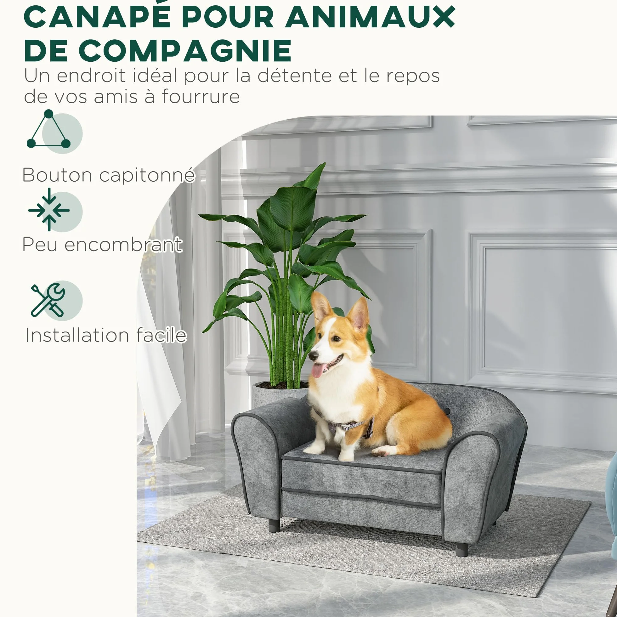 PawHut Canapé pour Chien Chat Dossier capitonné Velours Housse Lavable 74 x 41 x 32,5 cm Gris
