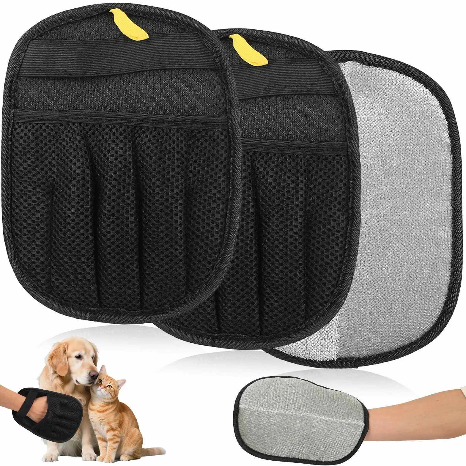 Lot de 3 gants d'épilation électrostatiques pour chien, gants de toilettage double face magnétiques