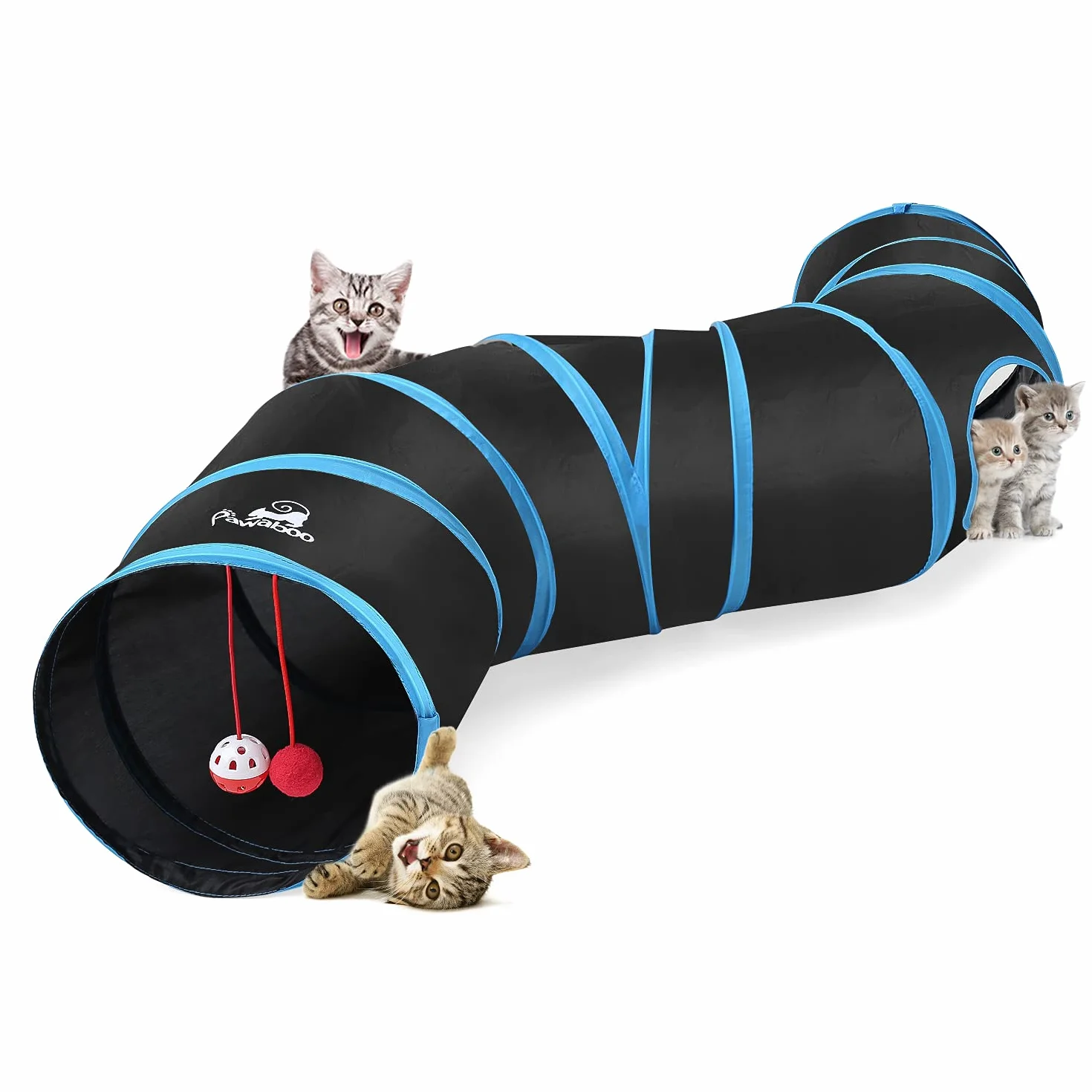 Pawaboo Tunnel Pliable en Forme de S, Jouet Interactif Tube avec Pompon et Cloches pour Chat Chiot Lapin - Noir