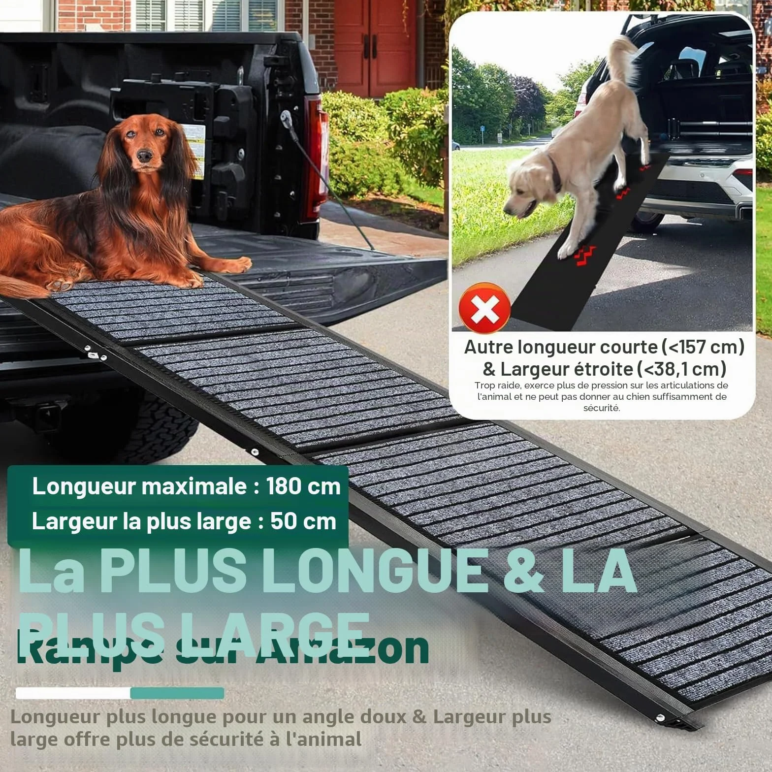 Rampe pliable pour chien 180 cm x 50 cm avec tapis antidérapant extérieur SUV camion