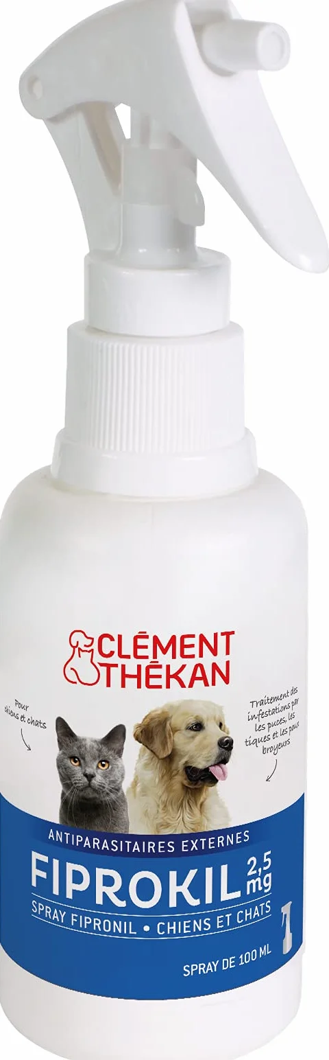 Fiprokil Spray 2,5 MG Chats & Chiens Clément Thékan - Traitement des infestations par Les Puces/Tiques/Poux Broyeurs - Fabriqué en France - 100 ML