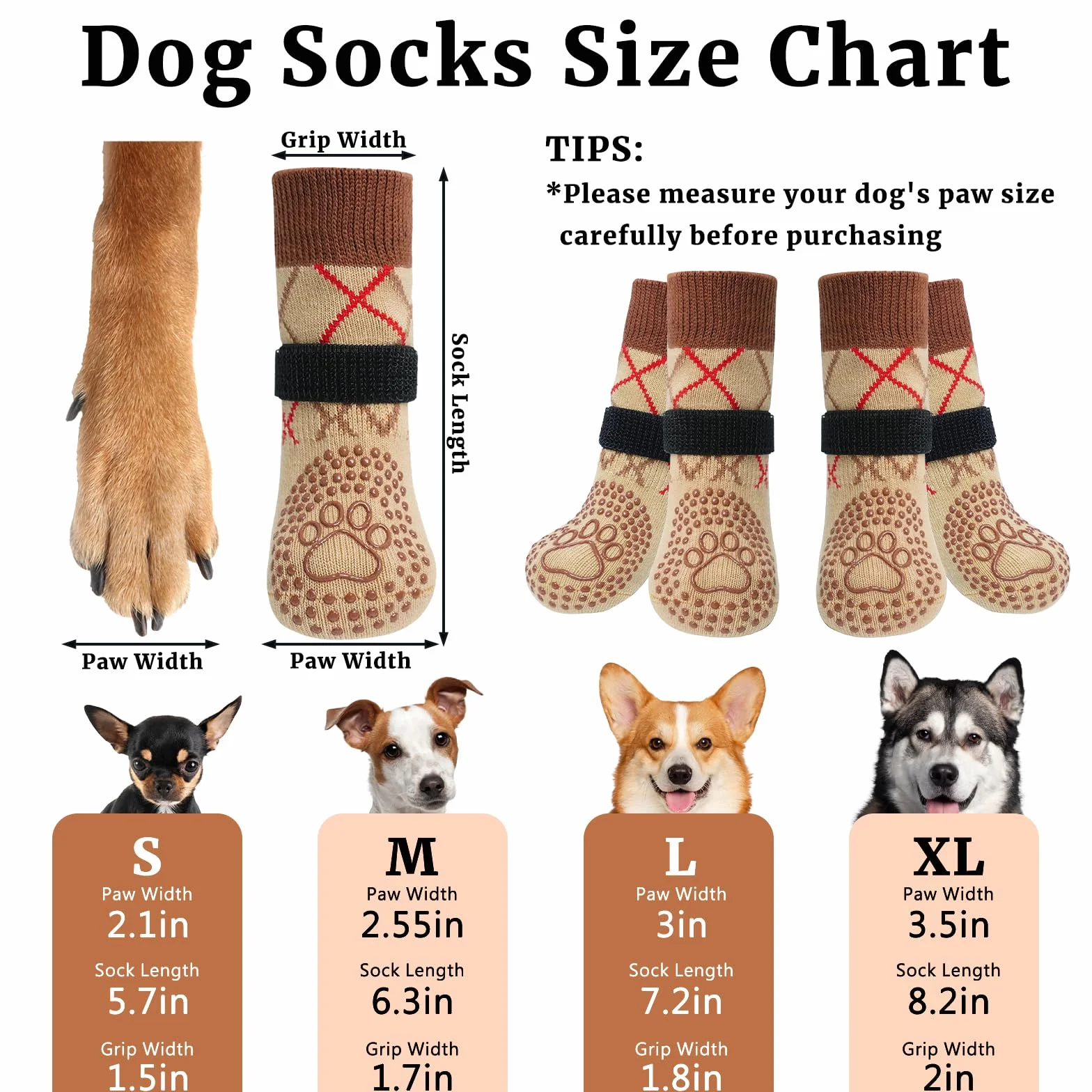 Chaussettes Chien Antidérapantes 2 Paires Protection Plaie Réglable Flexible Chausson Chiens Intérieur Extérieur Brun XL