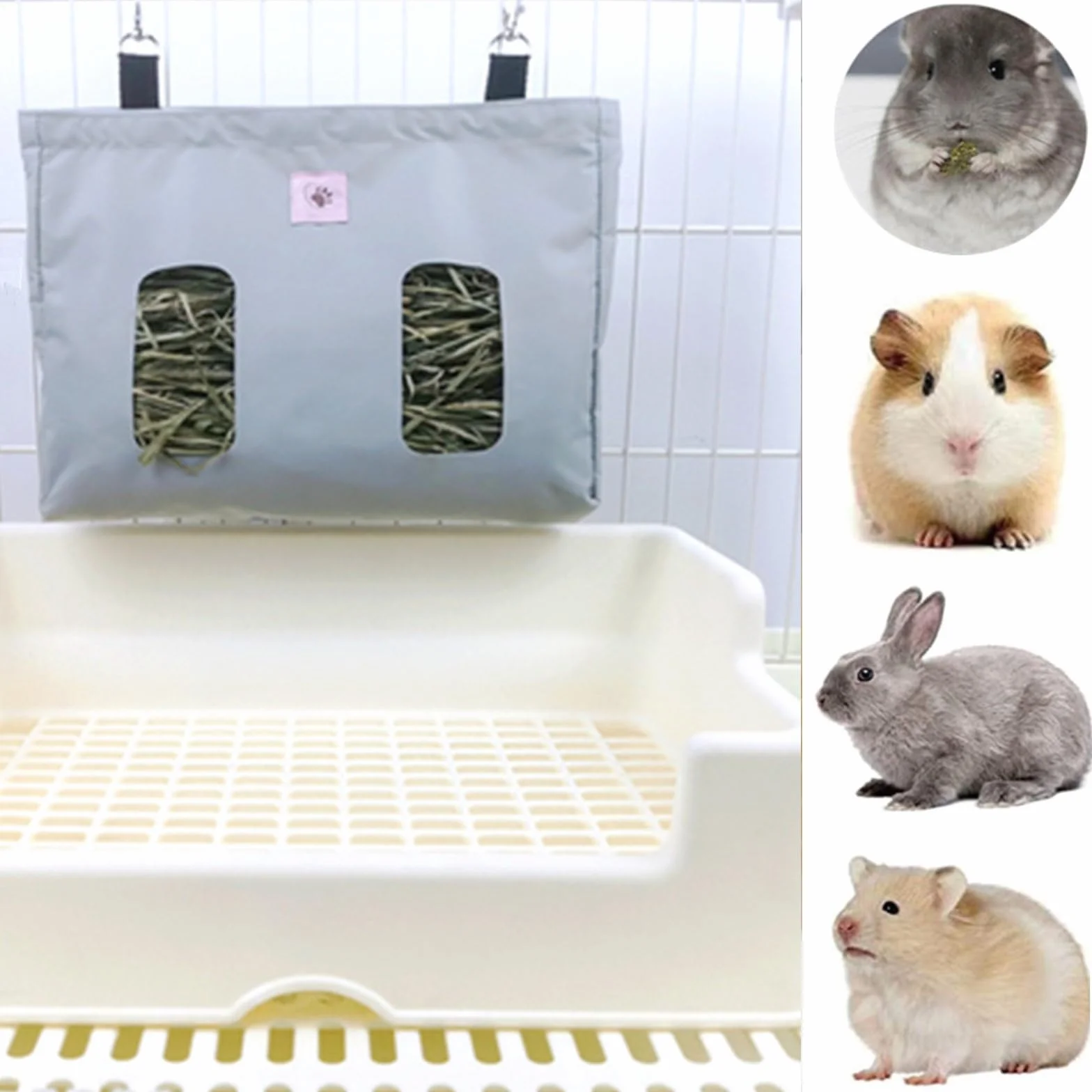 Sac à Foin pour Lapin Cavies Hamsters Chinchillas 2 Ouvertures Gris