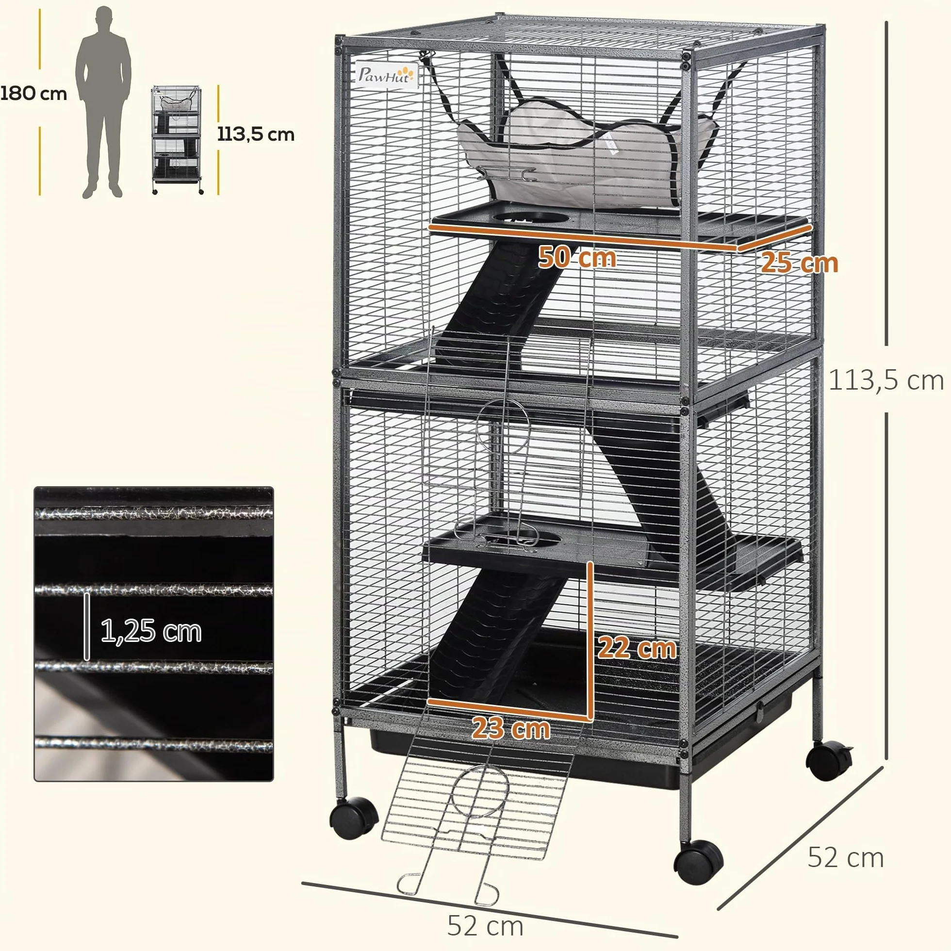 PawHut Cage pour Petits Animaux Portable 4 Niveaux Chinchilla Furet avec Roulettes 52 x 52 x 113,5 cm Gris