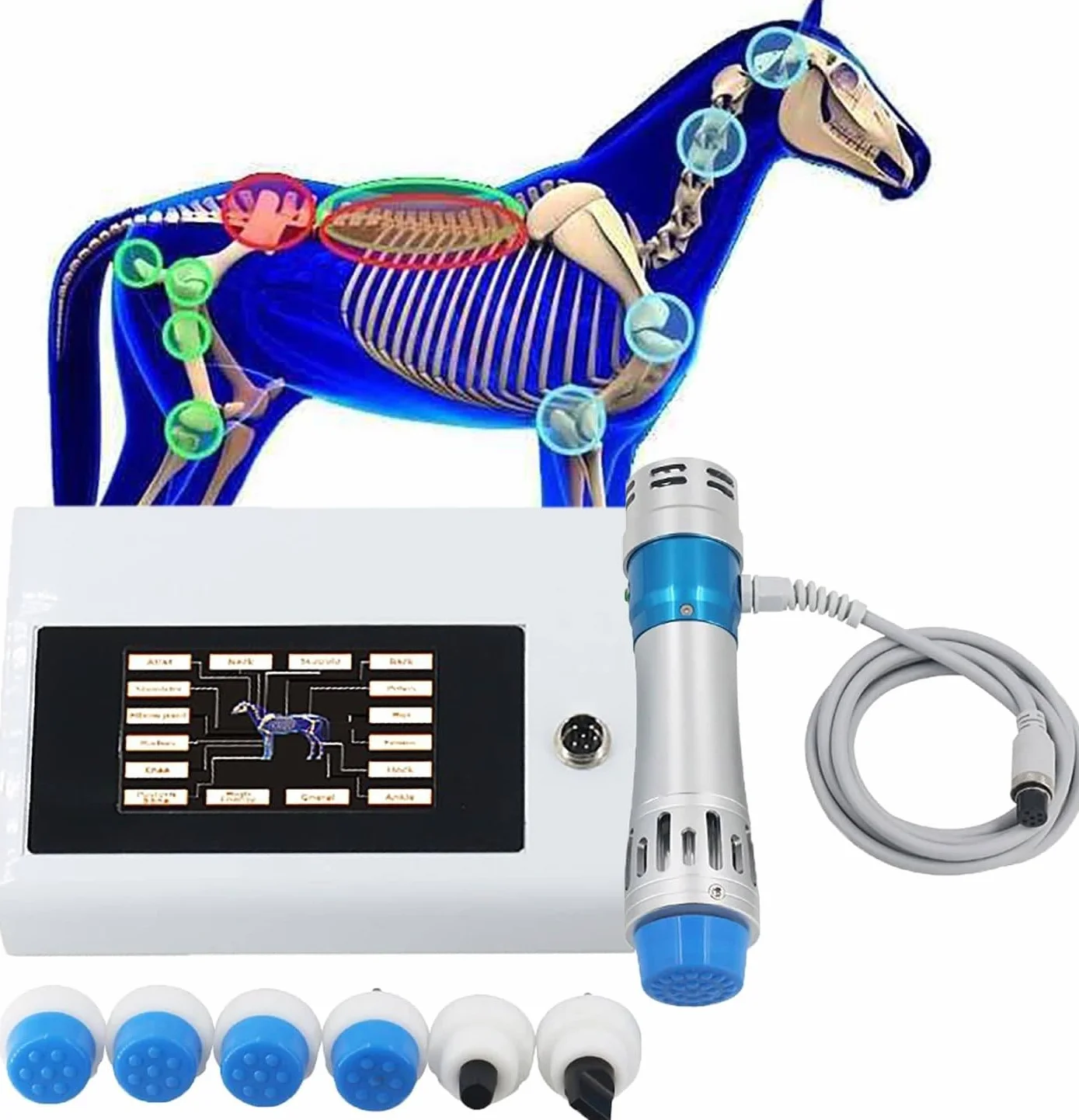 Appareil de thérapie par Ondes de Choc avec 7 têtes de Massage des Tissus Profonds pour soulager la Douleur des Chevaux et Autres Animaux, 300 MJ, 29,5 x 26 x 18,5 cm