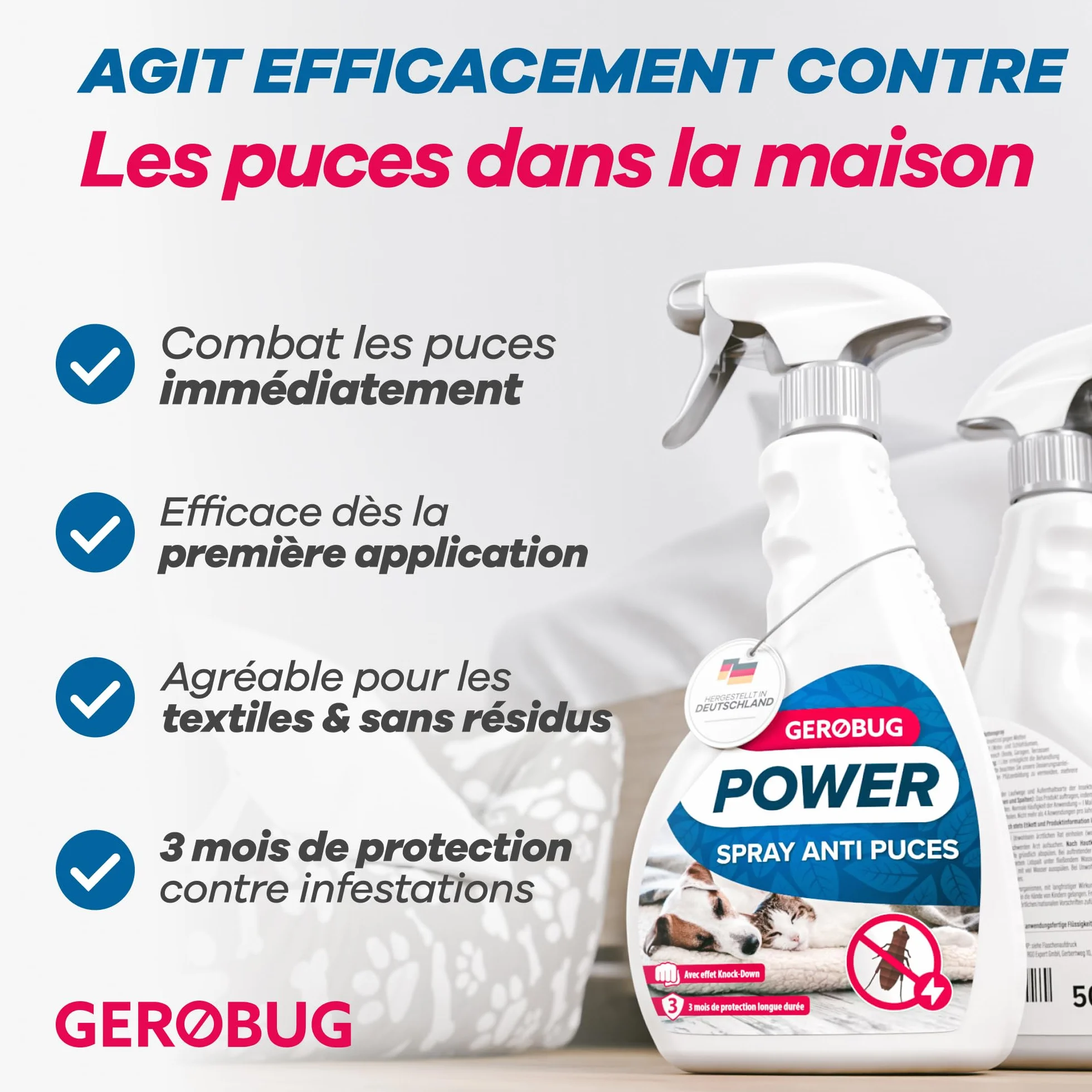 GEROBUG Spray Anti puces Maison 500 ML - Anti-puces pour Meubles, Textiles, Lits, Chiens