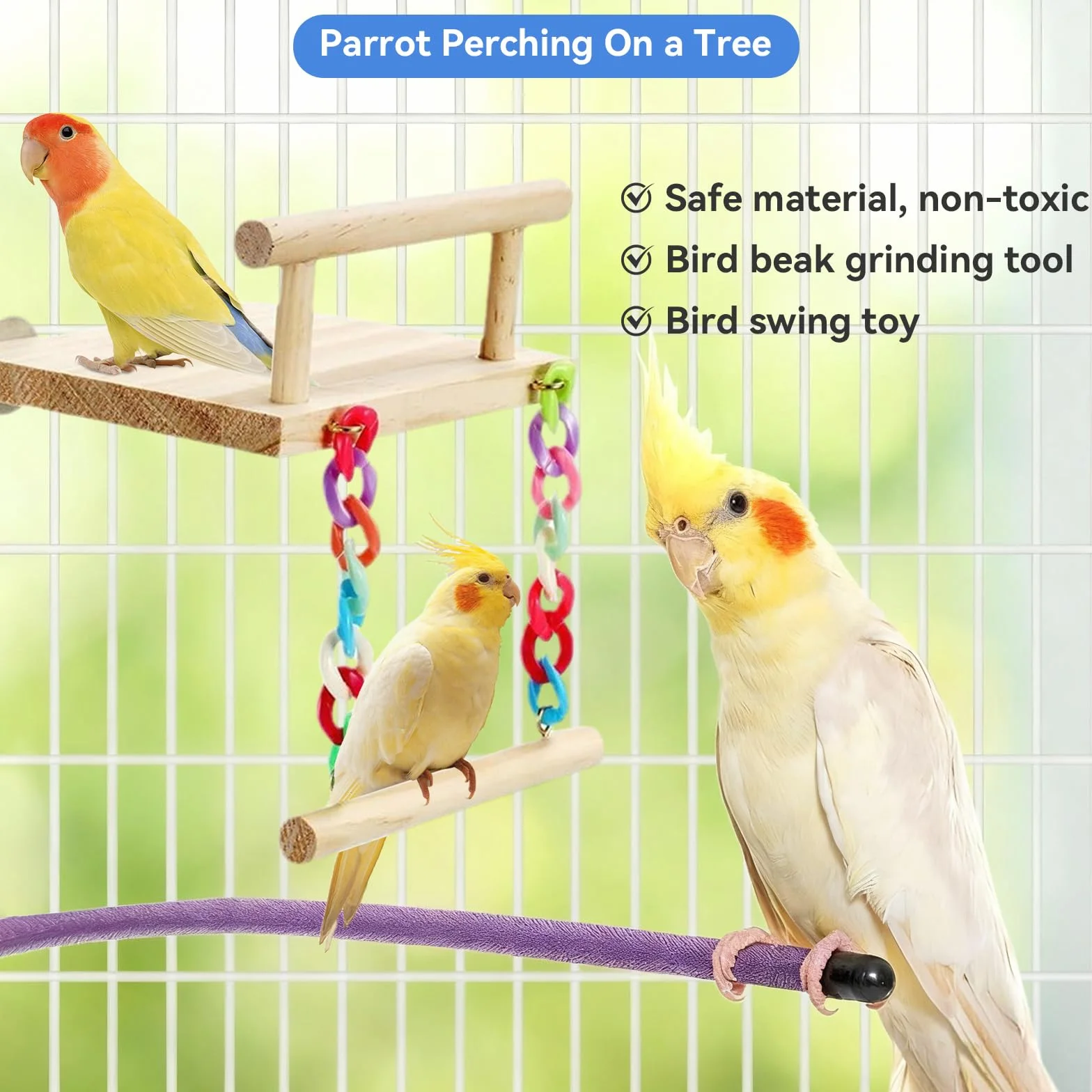 Perchoirs à Oiseaux en Bois avec Balançoire, Jouet Perroquet à Mâcher pour Pinsons, Perruches, Calopsittes, Cacatoès