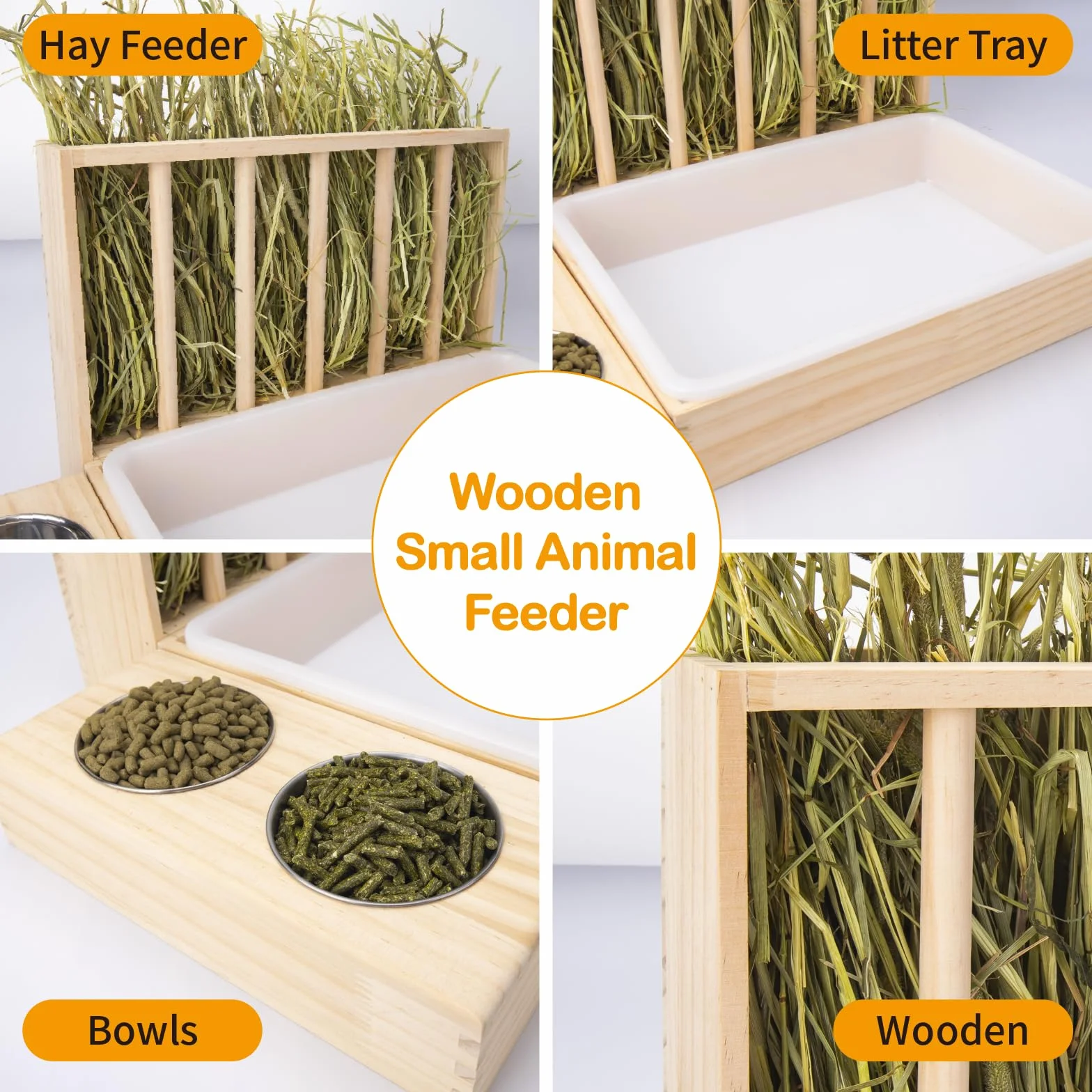 Mangeoire à Foin 3 en 1 pour Lapin avec Bac à Litière, Bois, 2 Bols, Grande Capacité