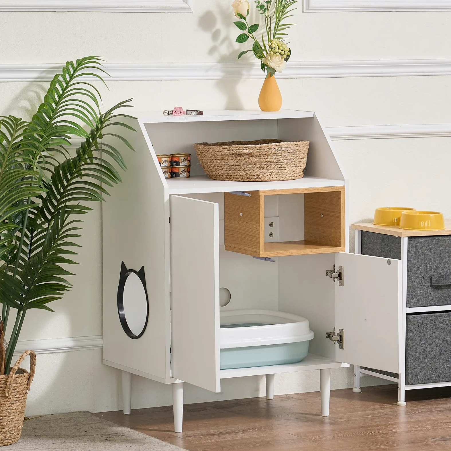 SDHYL Enceintes de bac à Litière Chat Meuble Cachée Armoire de Rangement Salon pour Chat 63 x 42.5 x 92cm Maison pour Chats d'intérieur avec 2 Trous, Ouvert en Haut
