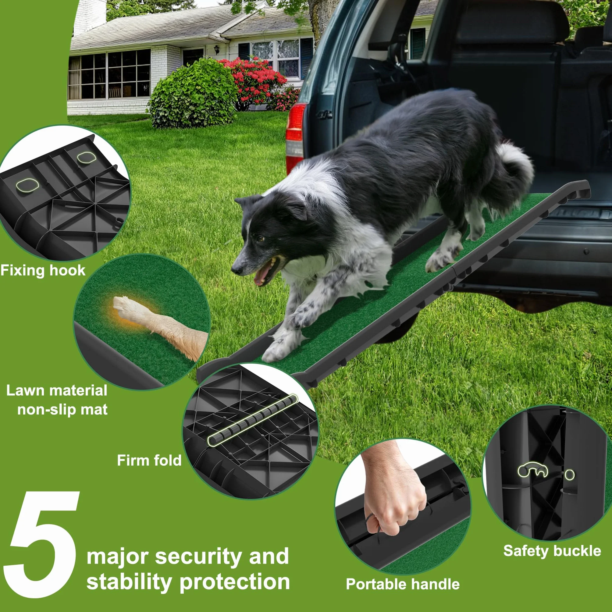 FIVMEN Rampe de voiture pliable pour chien - Antidérapant - Jusqu'à 90 kg - 156 x 40 cm - Pour SUV, grands petits animaux, avec pelouse
