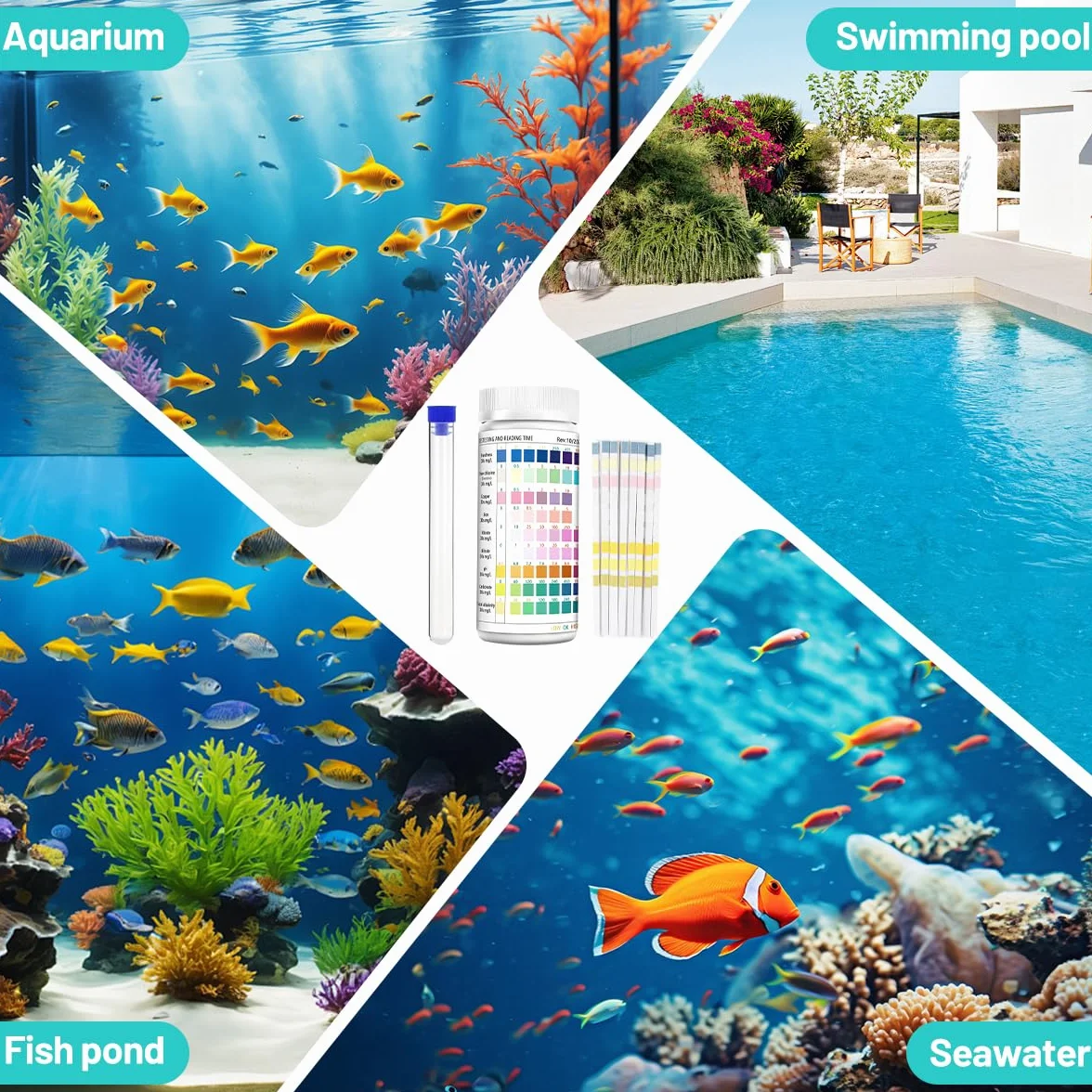 Bandelettes de test d'eau 9 en 1 pour aquarium pH nitrites nitrates chlore dureté totale fer cuivre