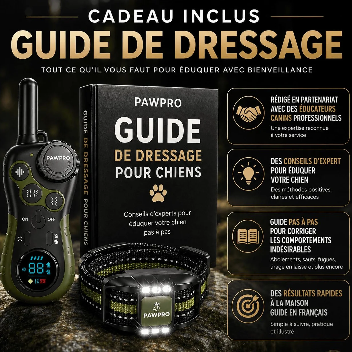 PAWPRO Collier de Dressage, Conforme Nouvelle Loi Bien Être Animal, Portée XXL 3km, Mode Lumière Nocturne, Guide de Dressage Inclus, BIP Vibration Boost, Adapté à Tous Les Chiens (2 Colliers)