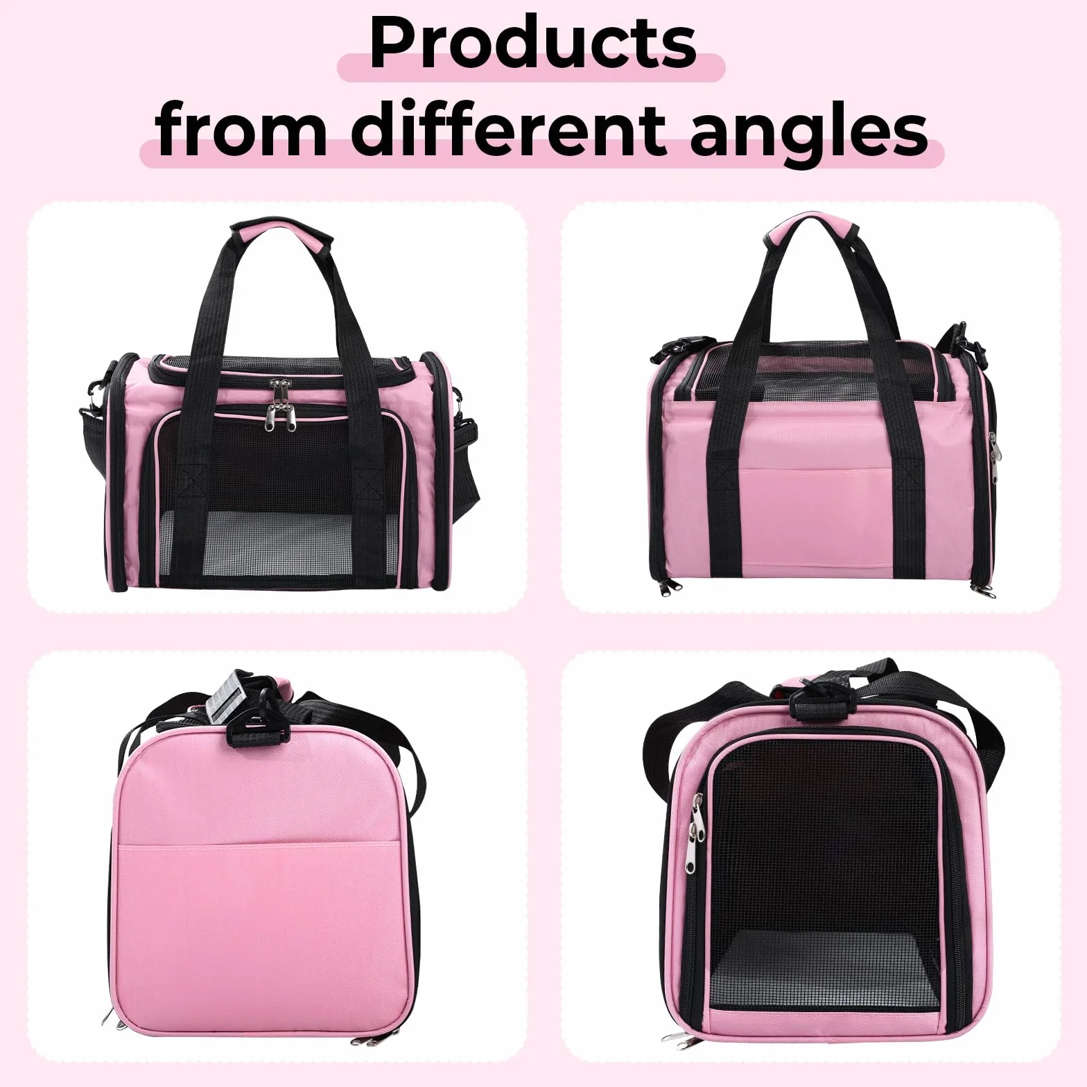 Sac de Transport pour Chat et Chien 5.5 kg Pliable avec Bandoulière Réglable et Matelas Souple Lavable Rose 40x25x25cm